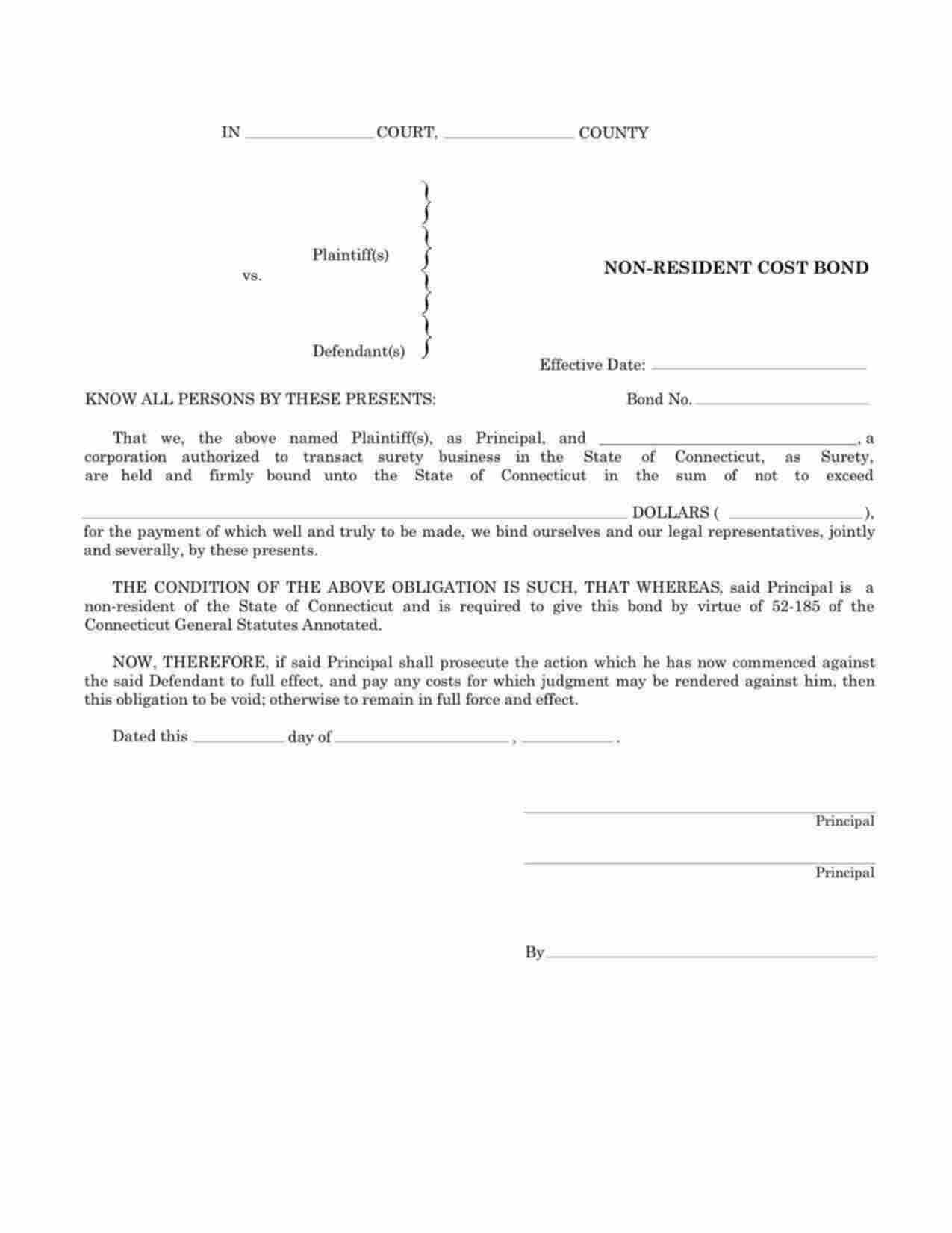 Connecticut Non-Resident Cost Bond Form