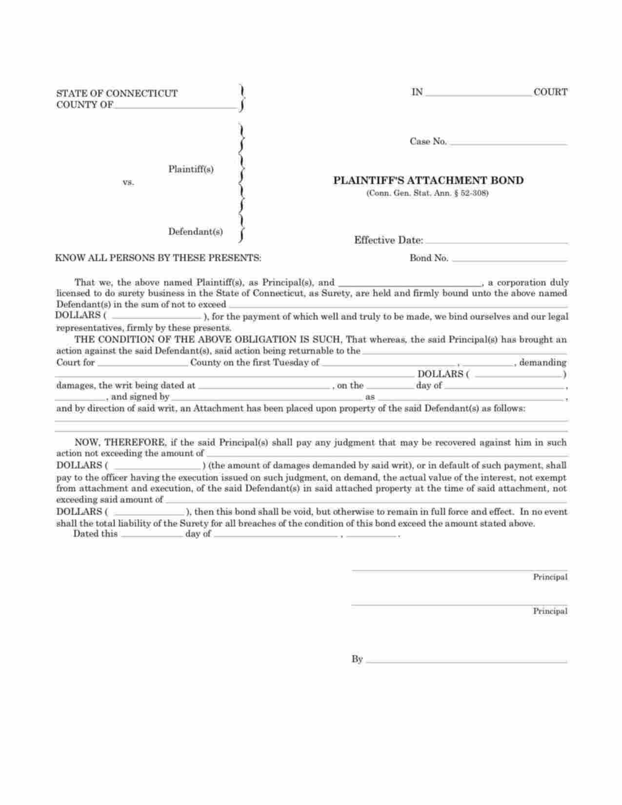 Connecticut Plaintiffs Attachment Bond Form
