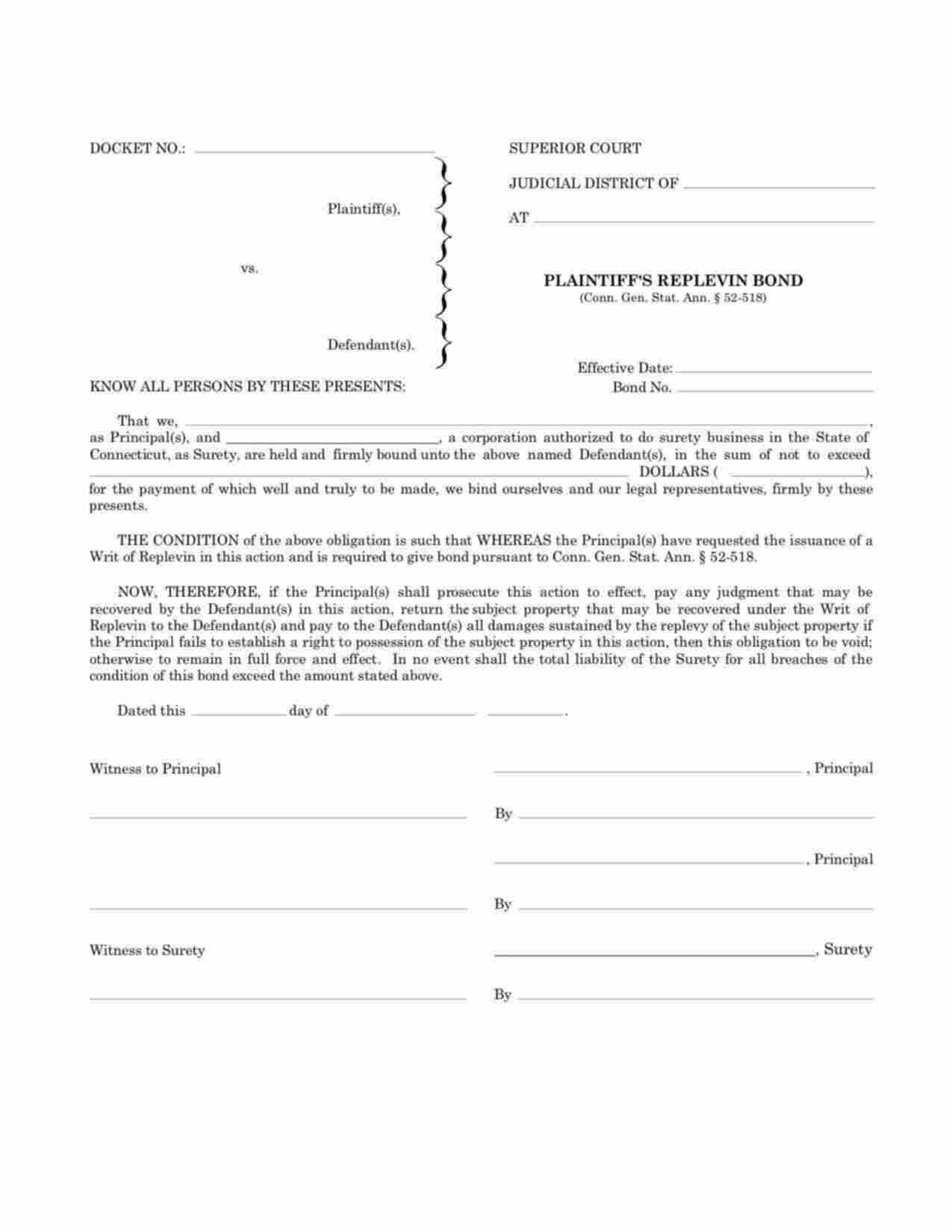 Connecticut Plaintiffs Replevin Bond Form