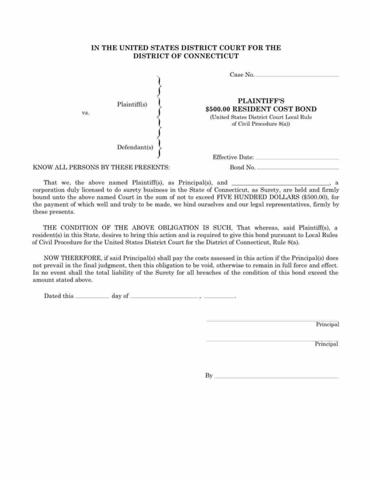 Connecticut Plaintiffs Resident Cost Bond Form