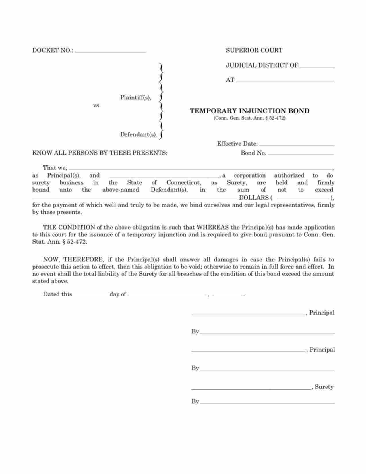 Connecticut Temporary Injunction Bond Form