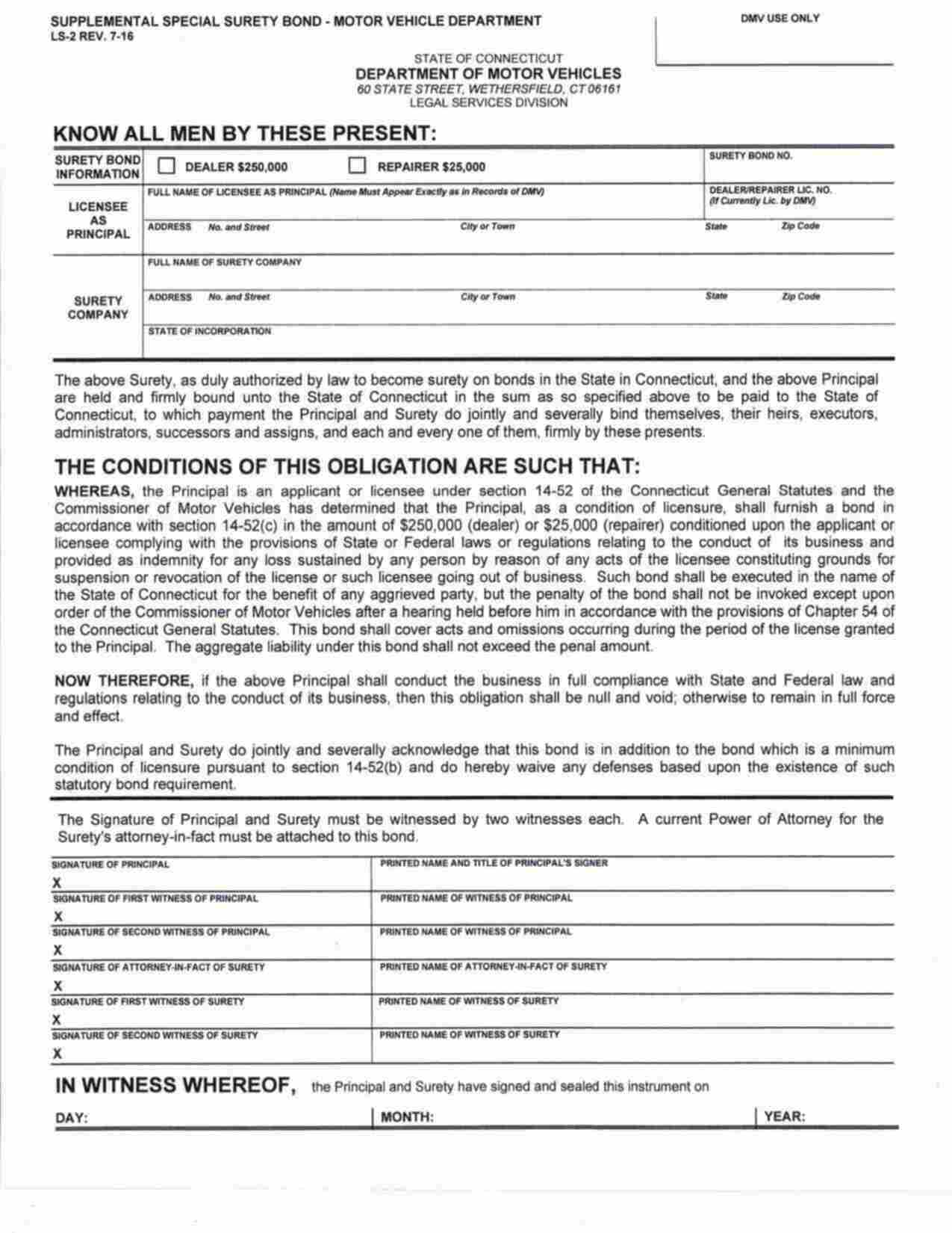 Connecticut Supplemental Special Surety - Motor Vehicle Dealer Bond Form