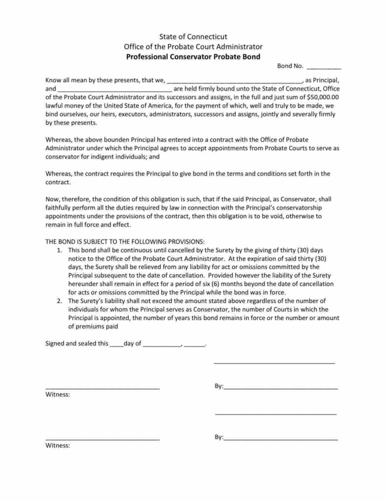 Connecticut Professional Conservator Probate Bond Form