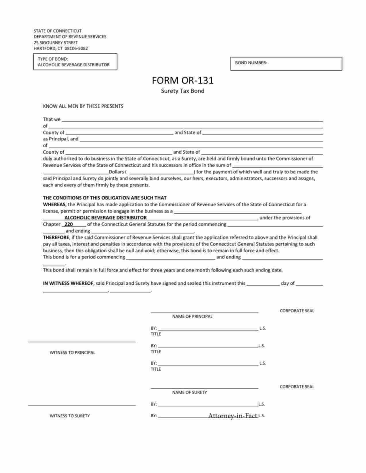 Connecticut Alchoholic Beverage Distributor (OR-131) Bond Form