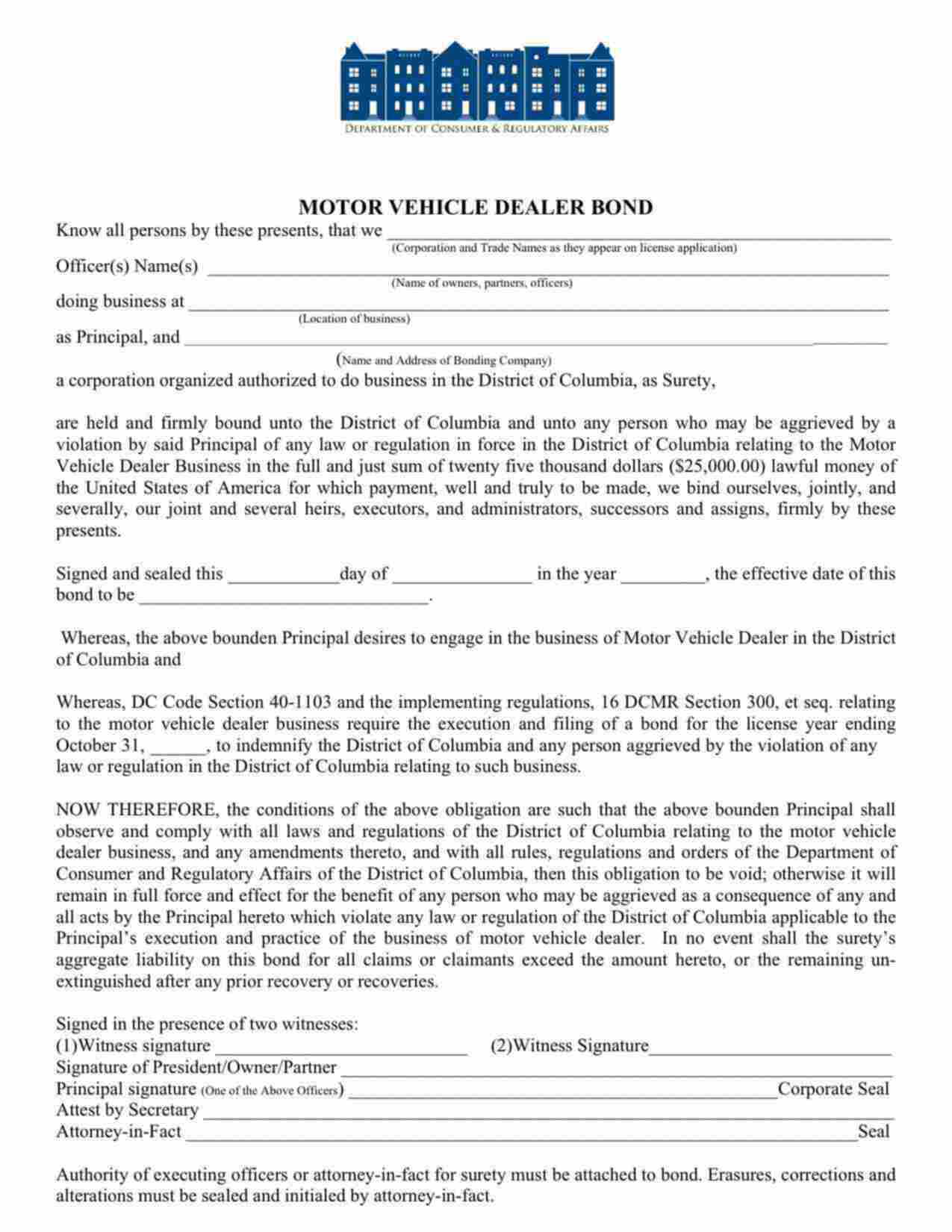 District of Columbia Motor Vehicle Dealer Bond Form