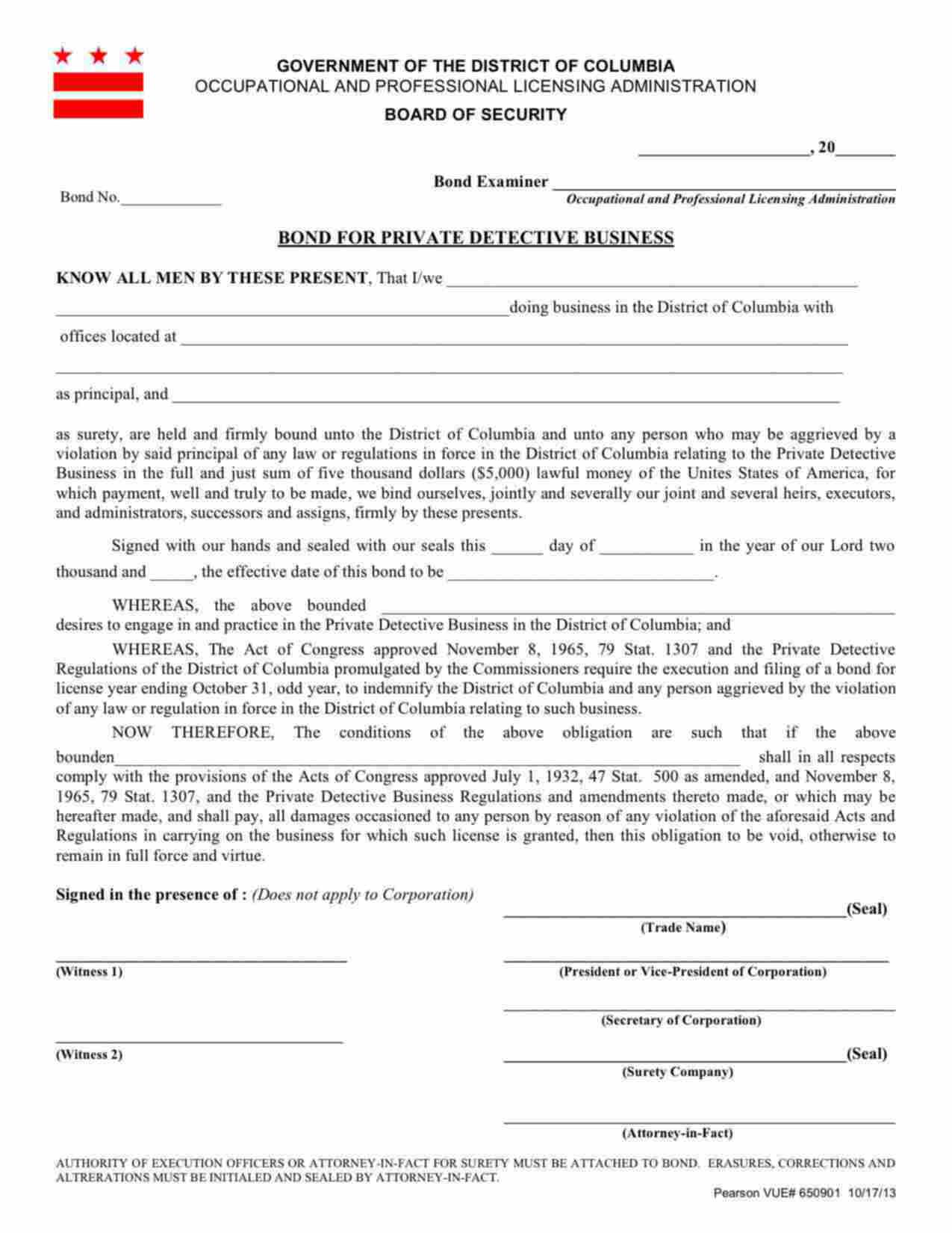 District of Columbia Private Detective Business Bond Form