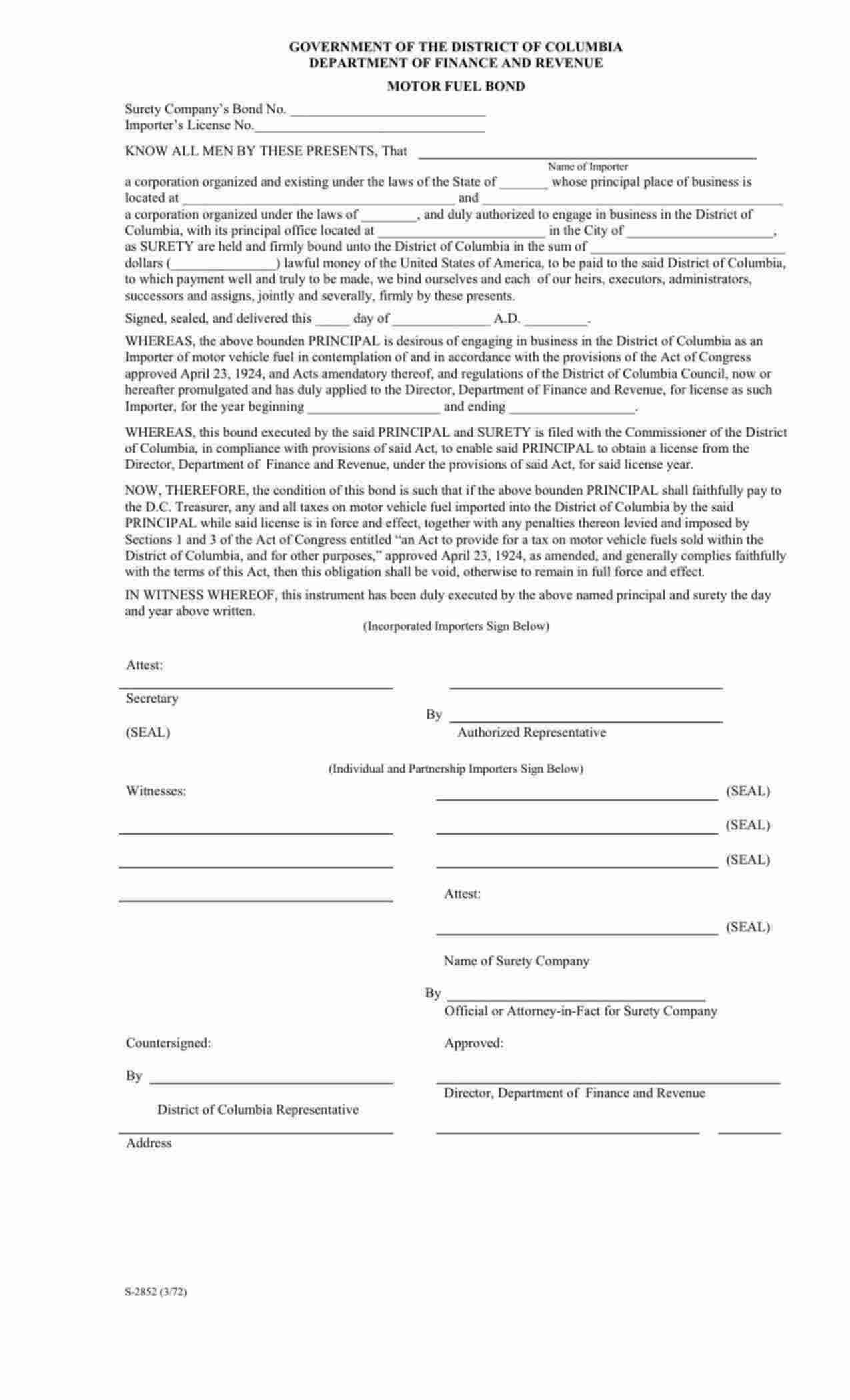 District of Columbia Motor Fuel Tax Bond Form