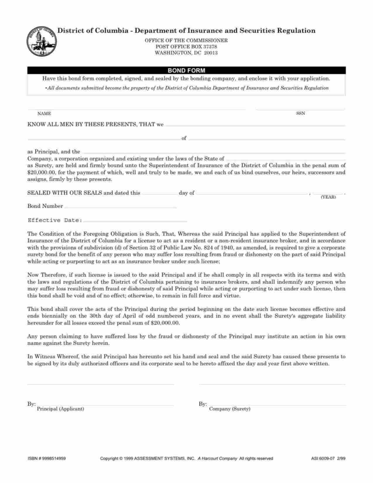 District of Columbia Insurance Broker Bond Form