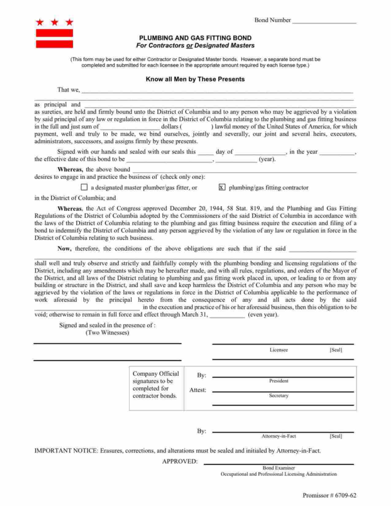 District of Columbia Plumbing/Gas Fitting Contractor Bond Form