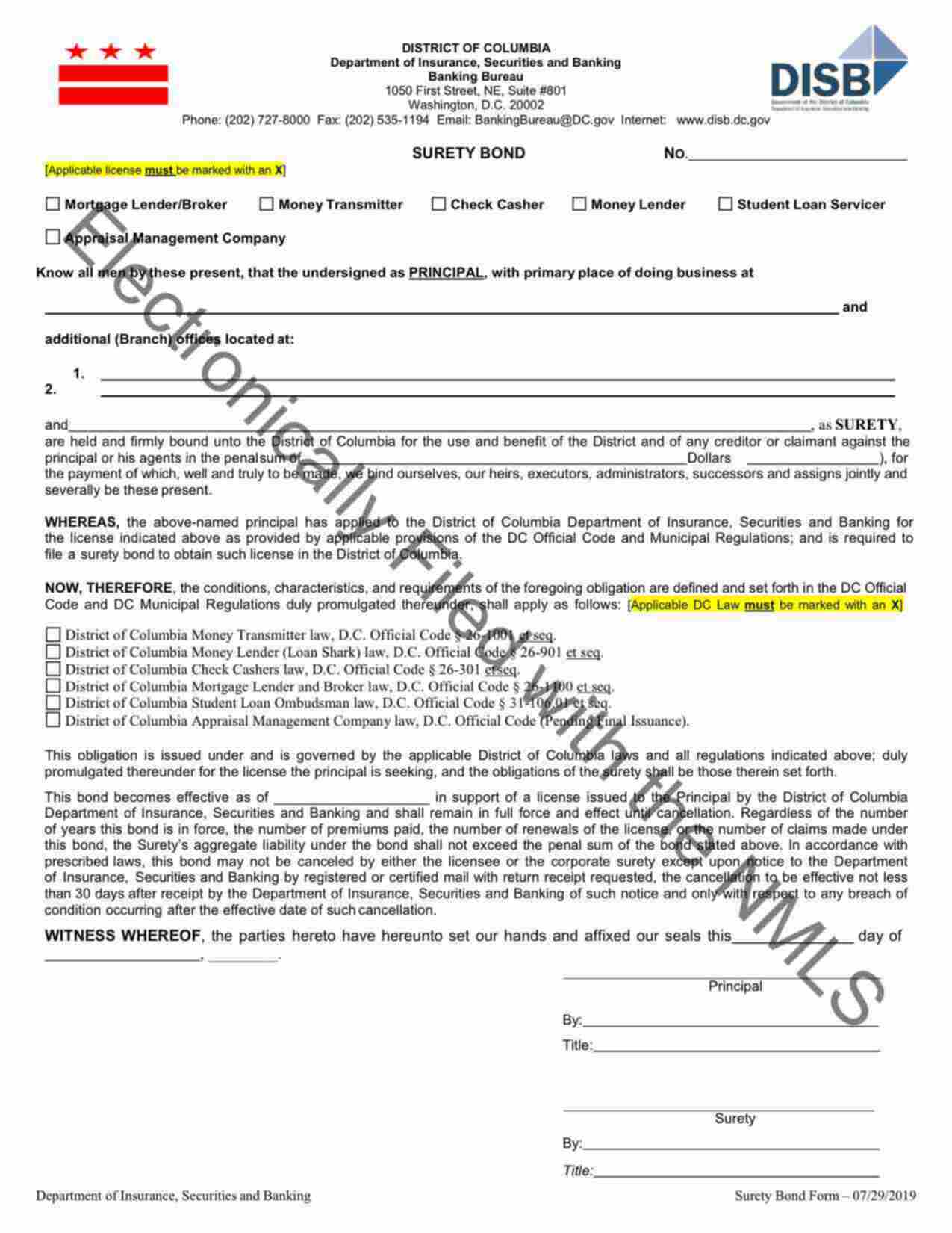 District of Columbia Money Lender Bond Form