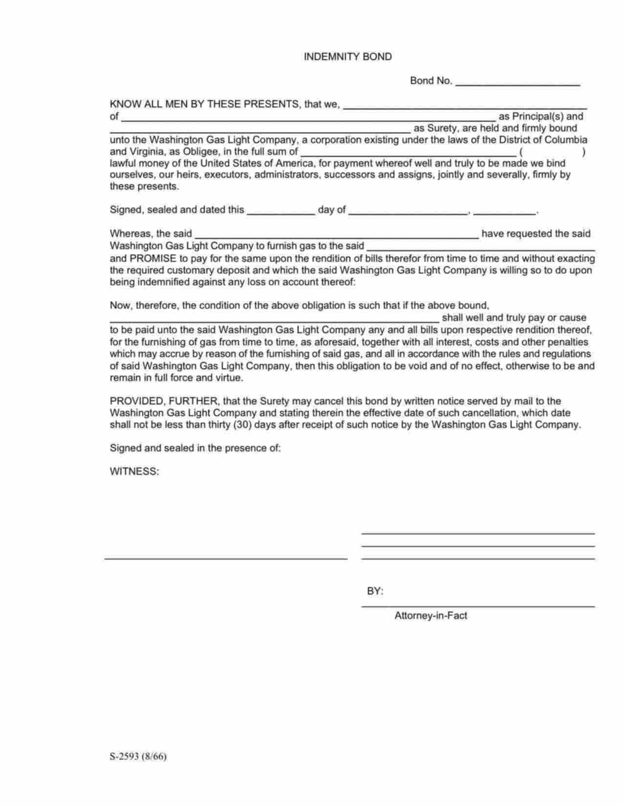 District of Columbia Utility Deposit Bond Form