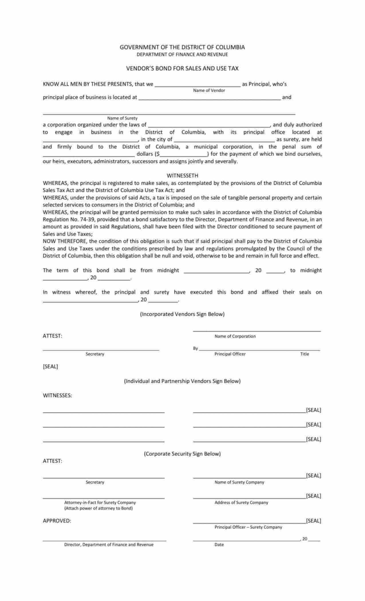 District of Columbia Vendor's Sales and Use Tax Bond Form