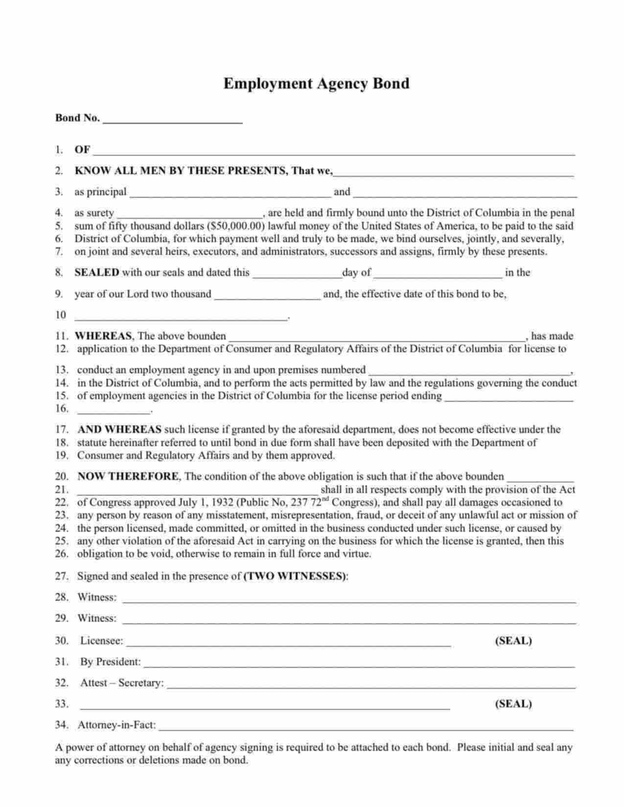 District of Columbia Employment Agency Bond Form