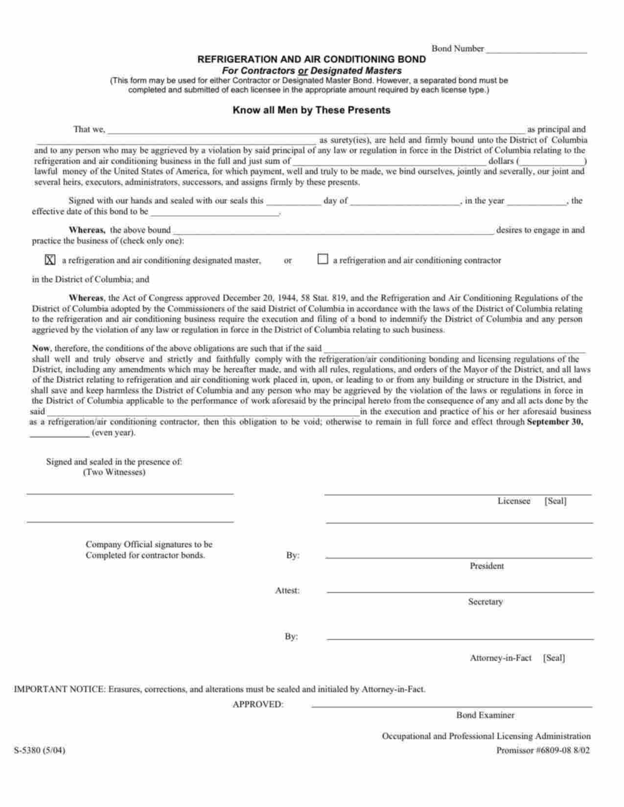 District of Columbia Refrigeration and Air Conditioning Designated Master Bond Form