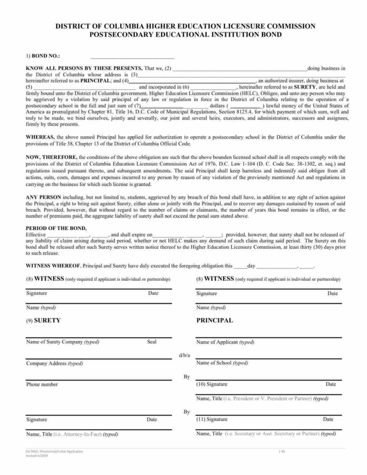 District of Columbia Postsecondary Educational Institution Bond Form