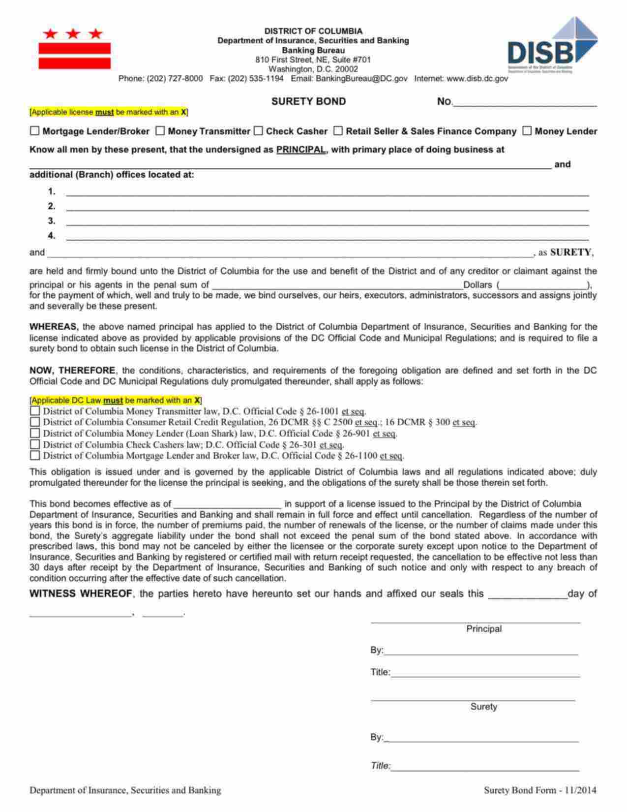 District of Columbia Retail Seller & Sales Finance Company Bond Form