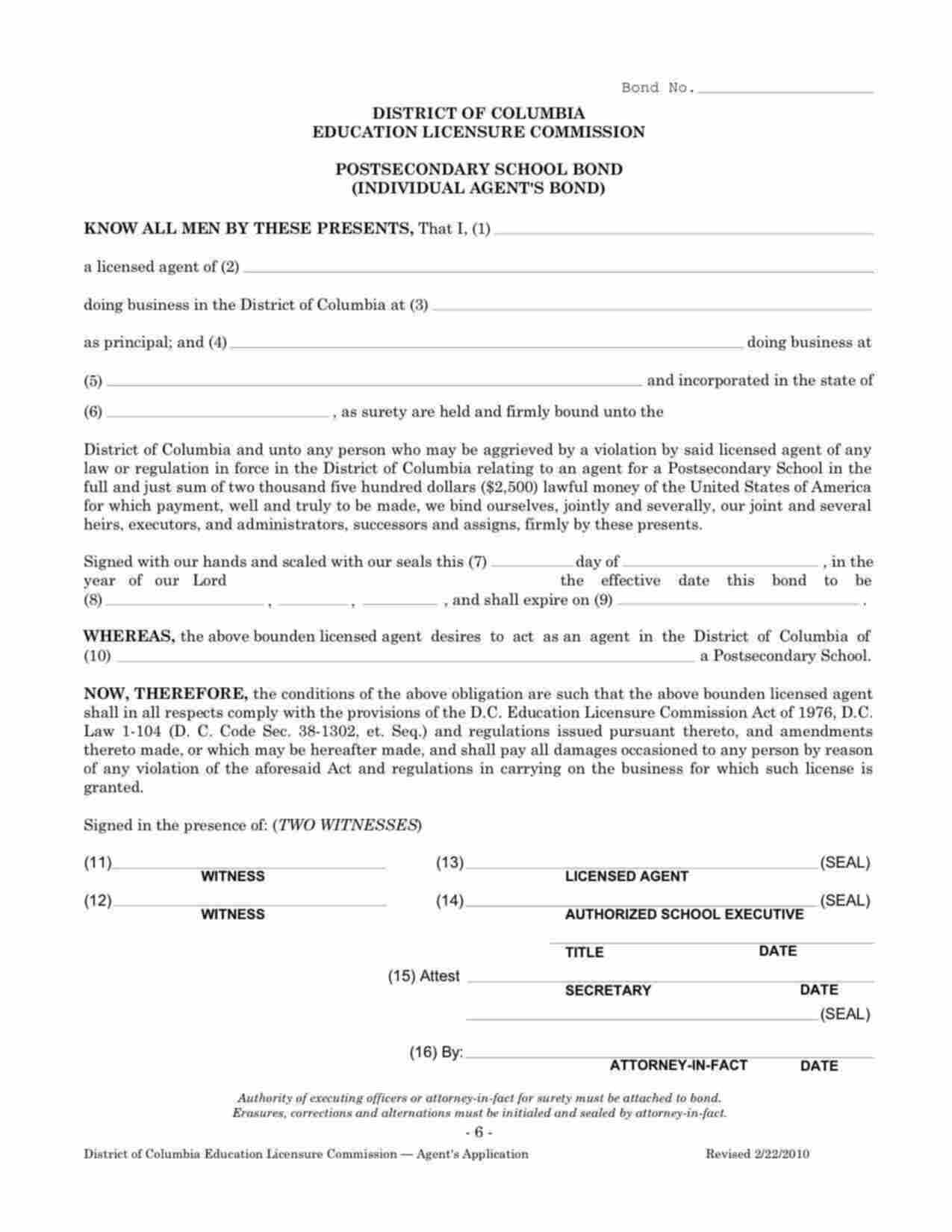 District of Columbia Postsecondary School Individual Agent Bond Form