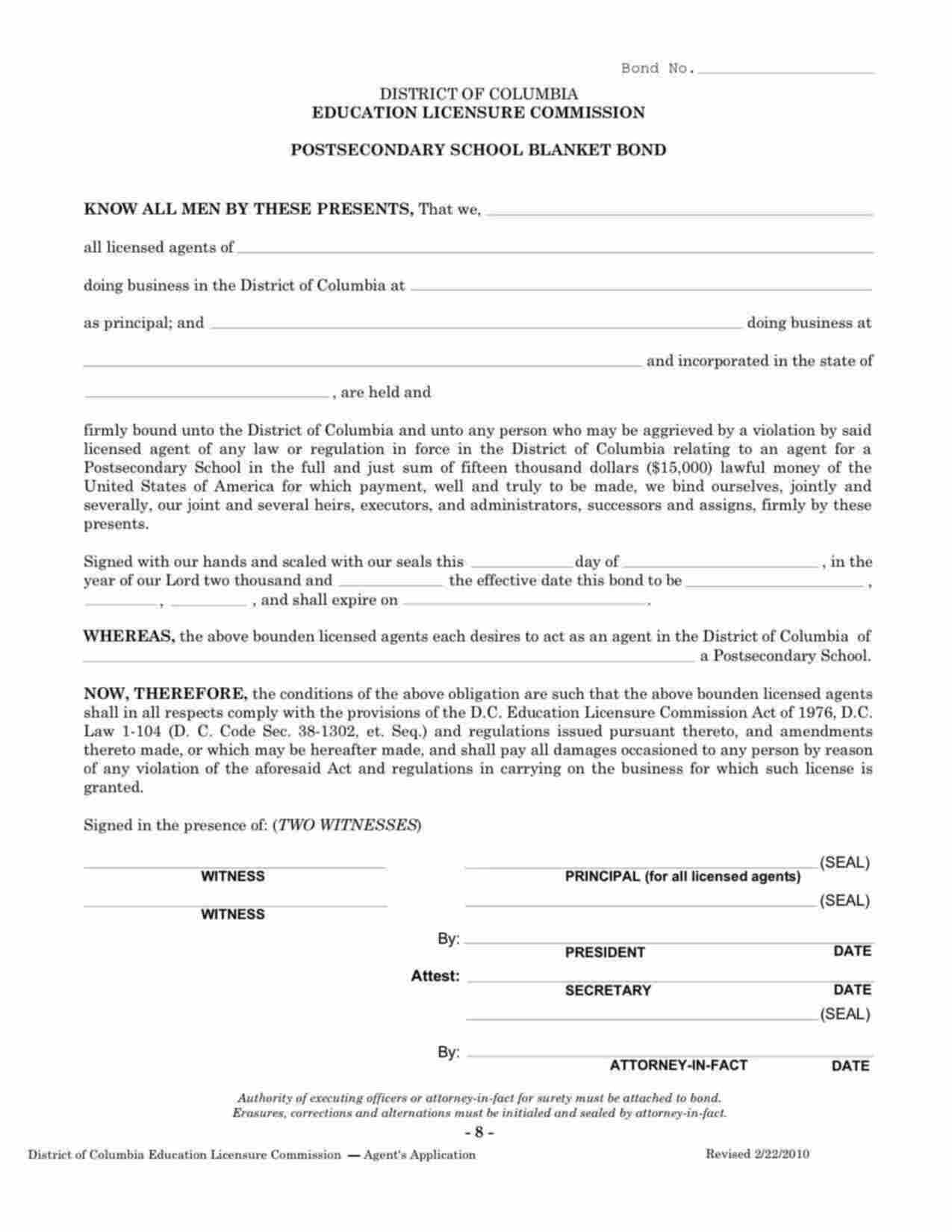 District of Columbia Postsecondary School Blanket Bond Form