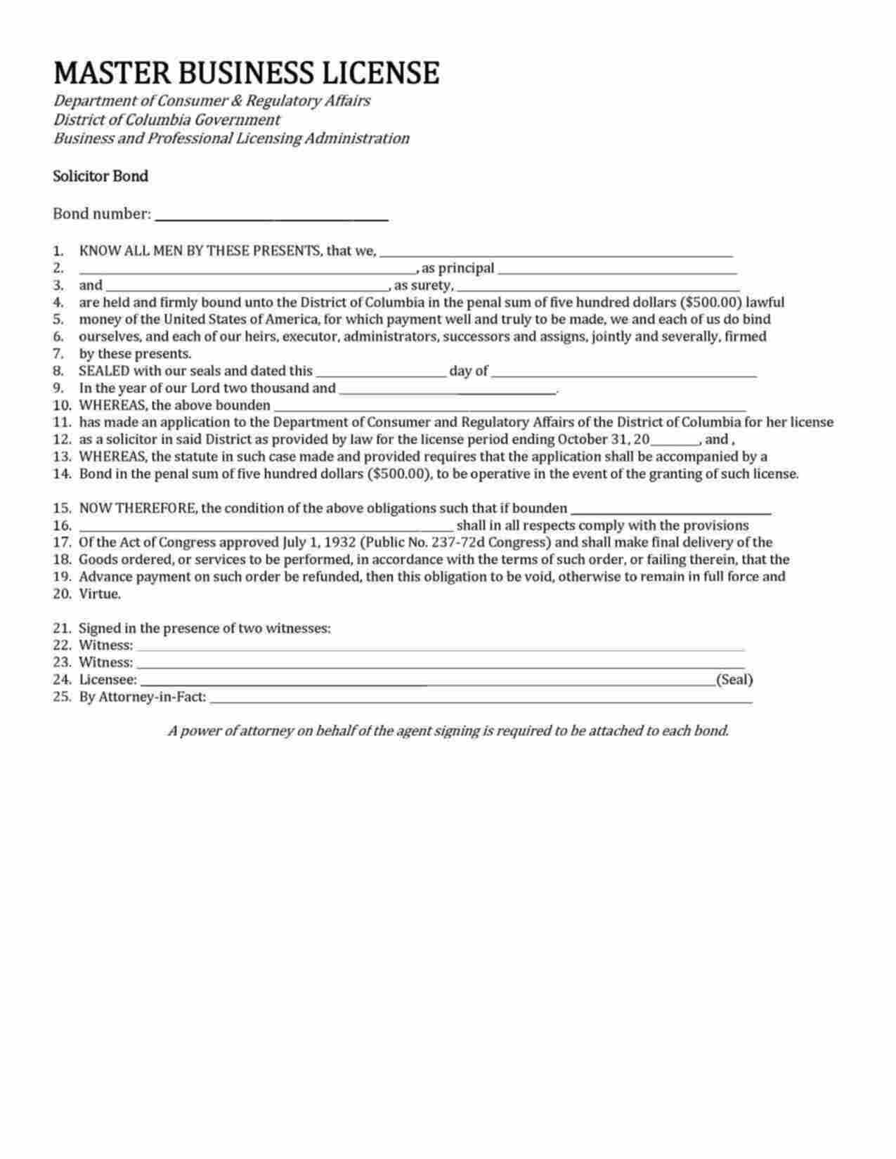District of Columbia Solicitor Bond Form