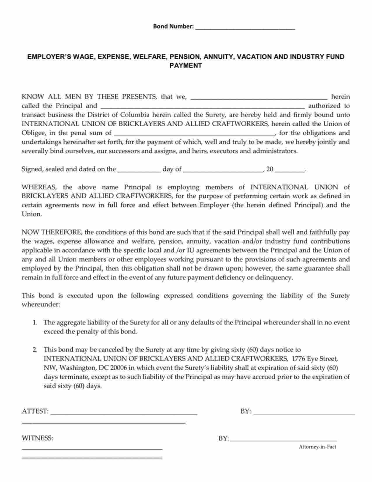 District of Columbia Wage and Welfare Bond Form