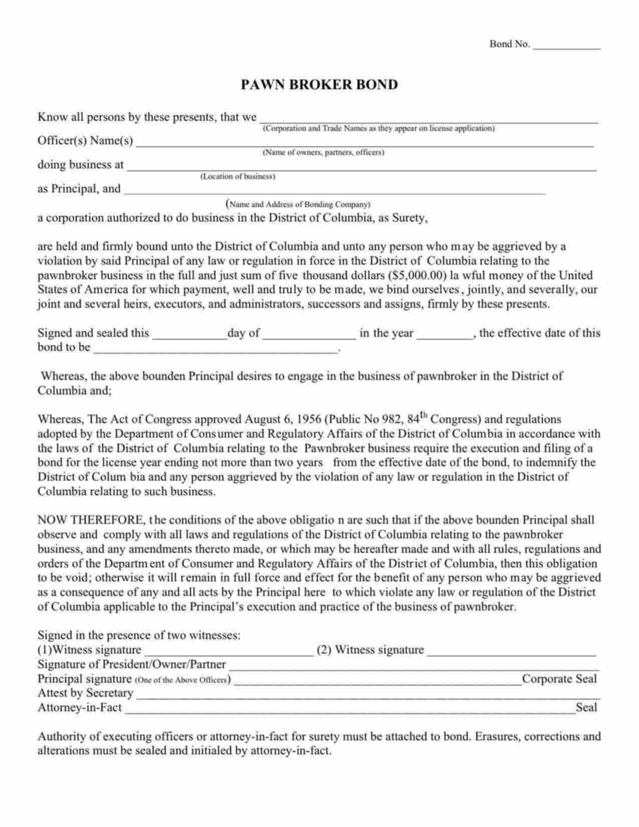 District of Columbia Pawn Broker Bond Form