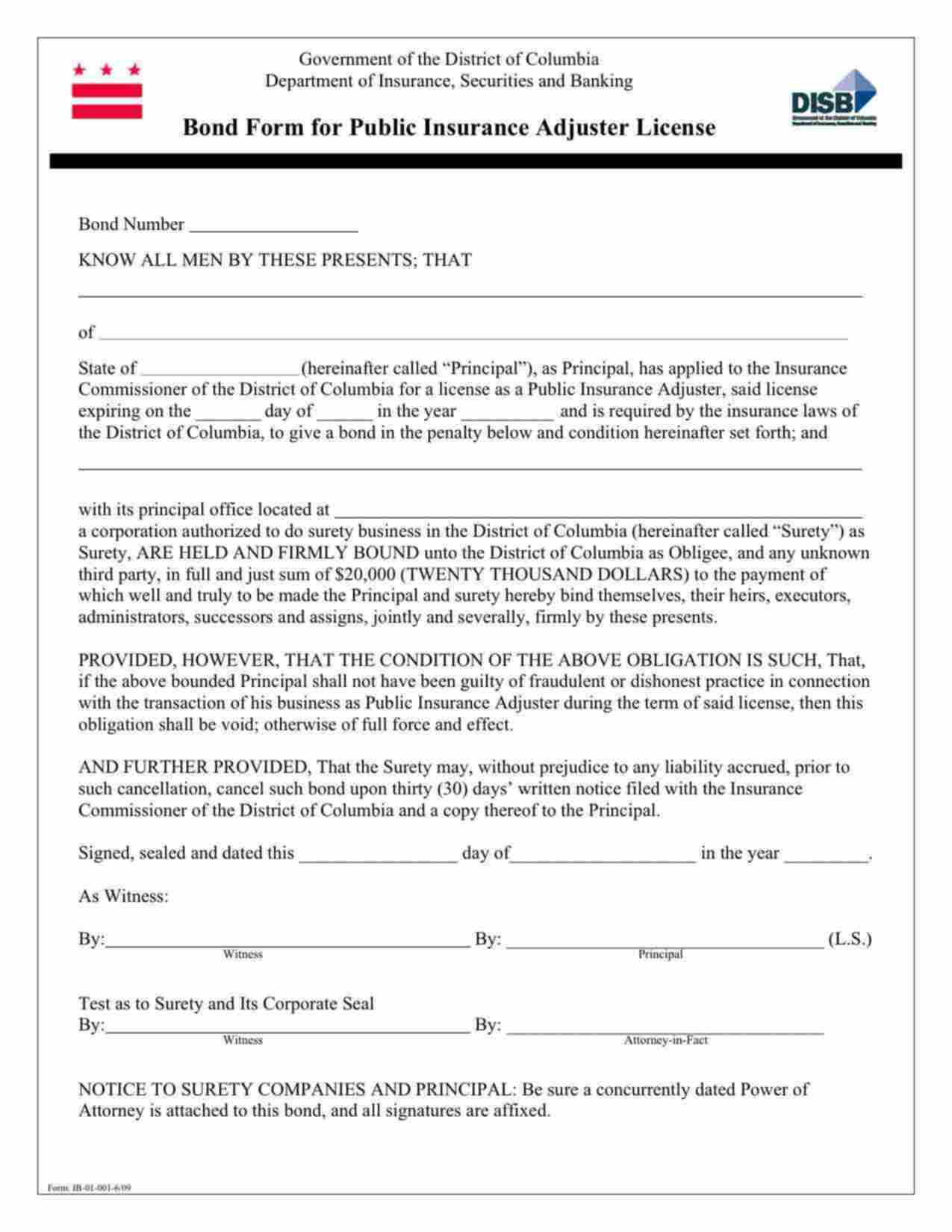 District of Columbia Public Insurance Adjuster Bond Form