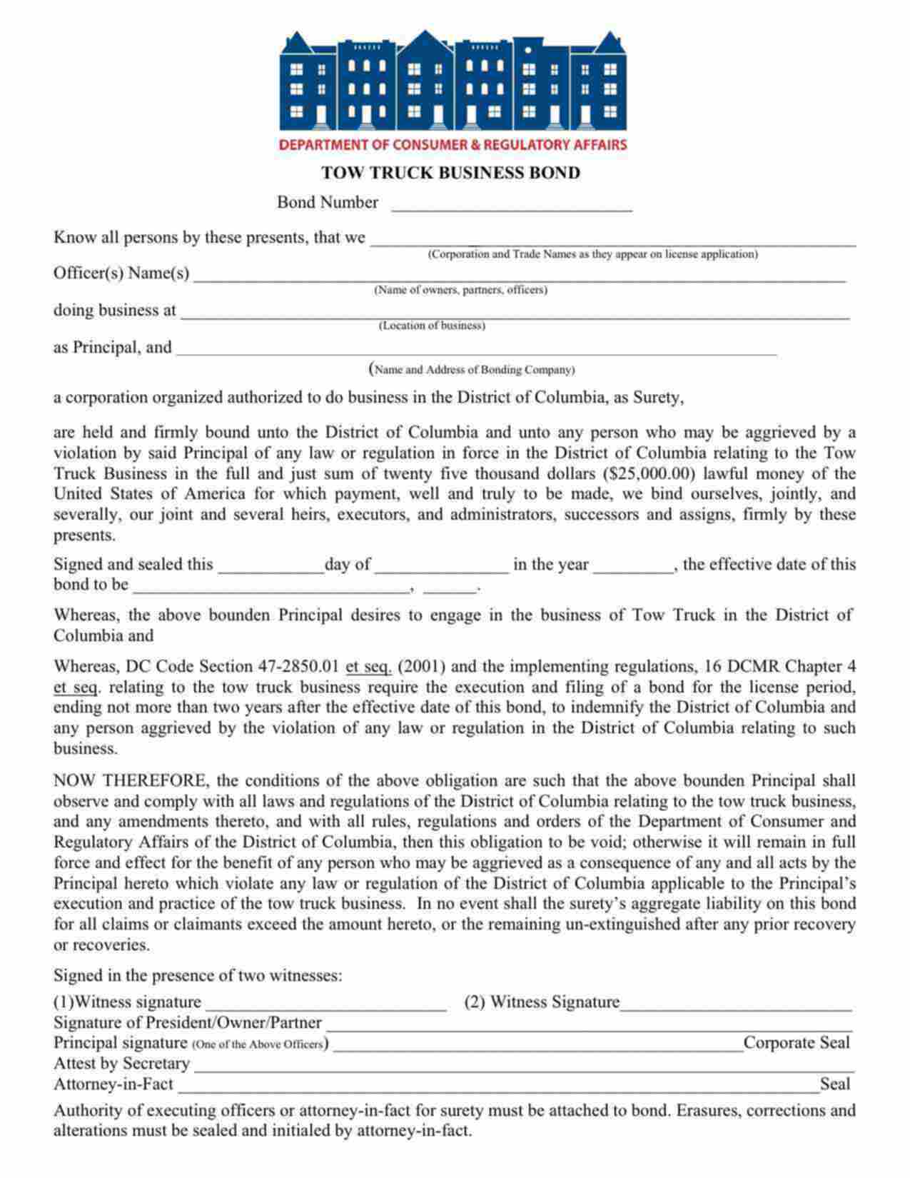 District of Columbia Tow Truck Business Bond Form
