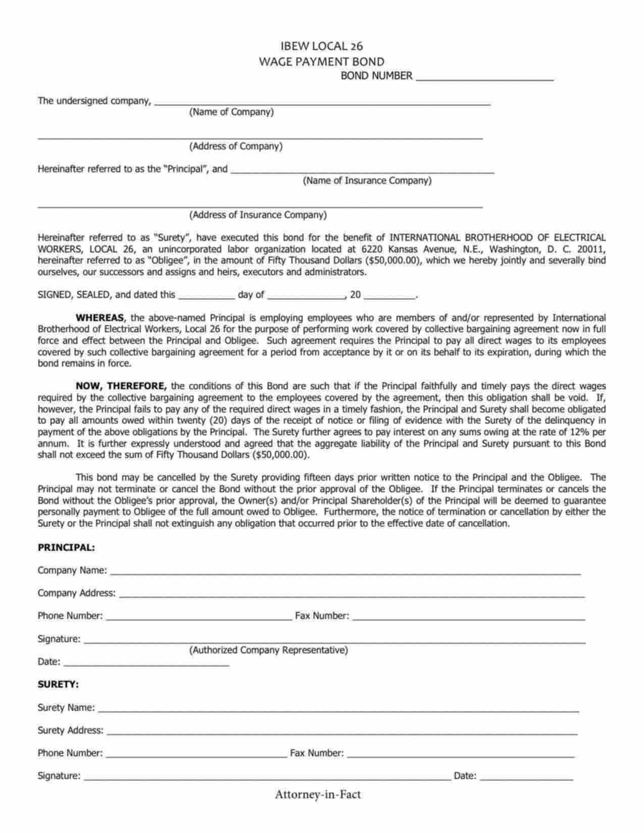 District of Columbia Wage Payment Bond Form