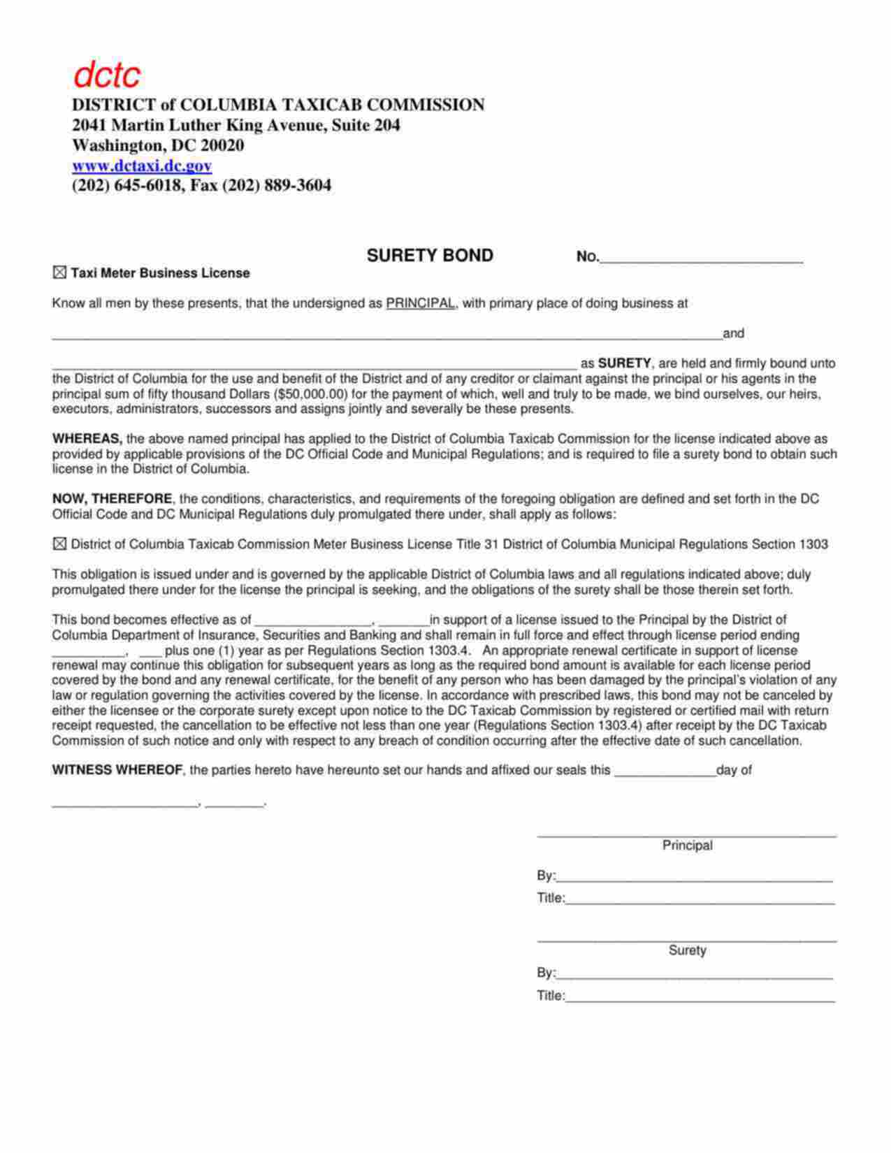 District of Columbia Taxi Meter Business License Bond Form