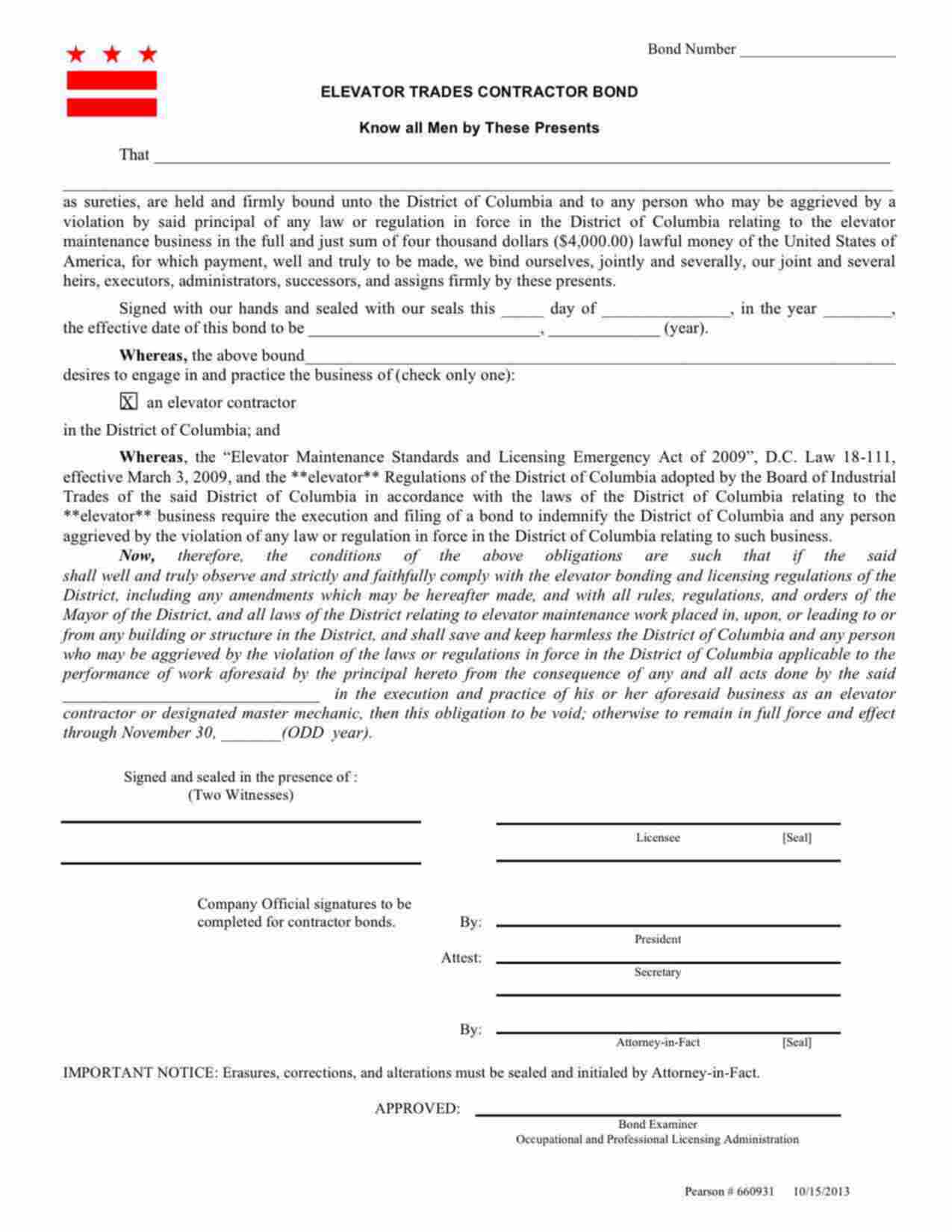 District of Columbia Elevator Contractor Bond Form