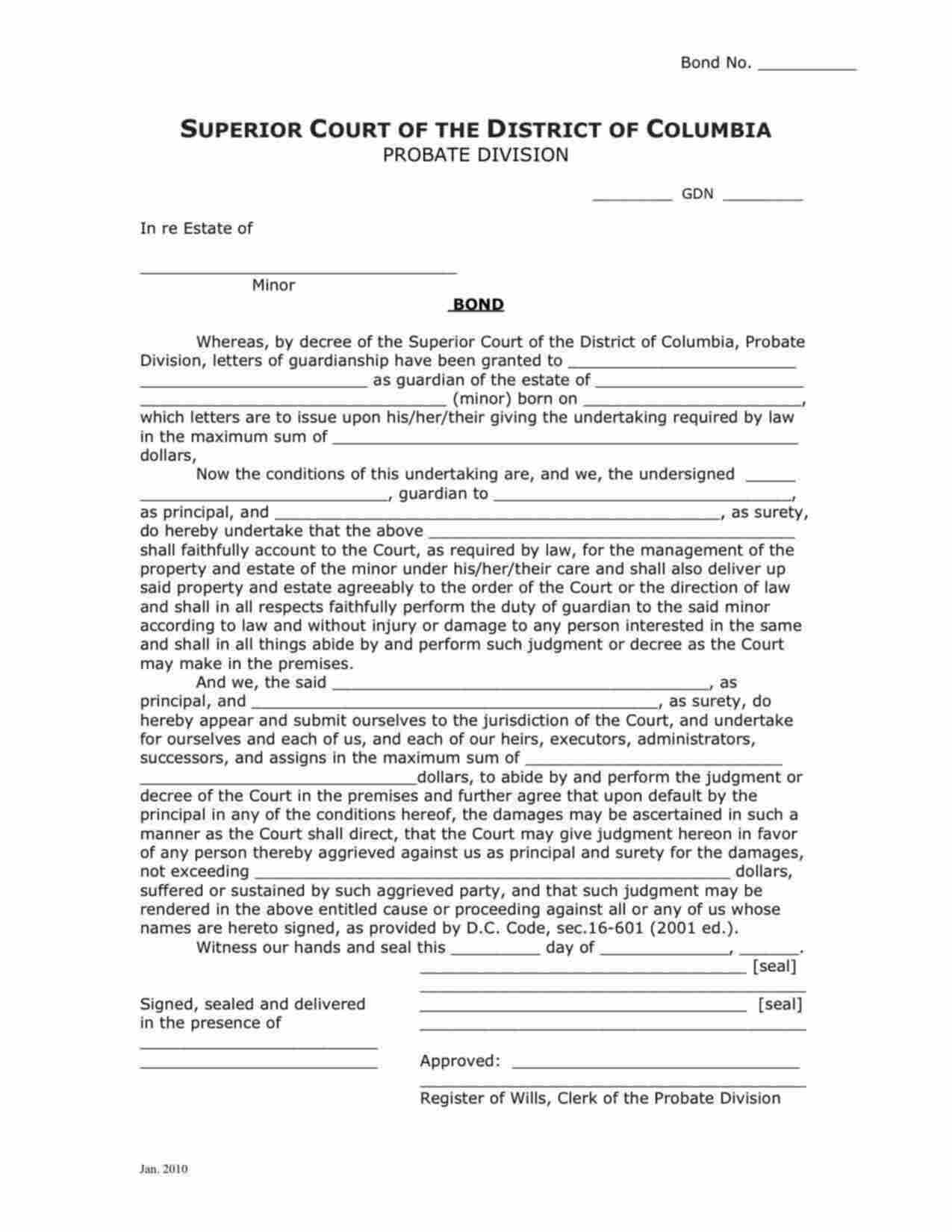 District of Columbia Guardian - Minor Bond Form