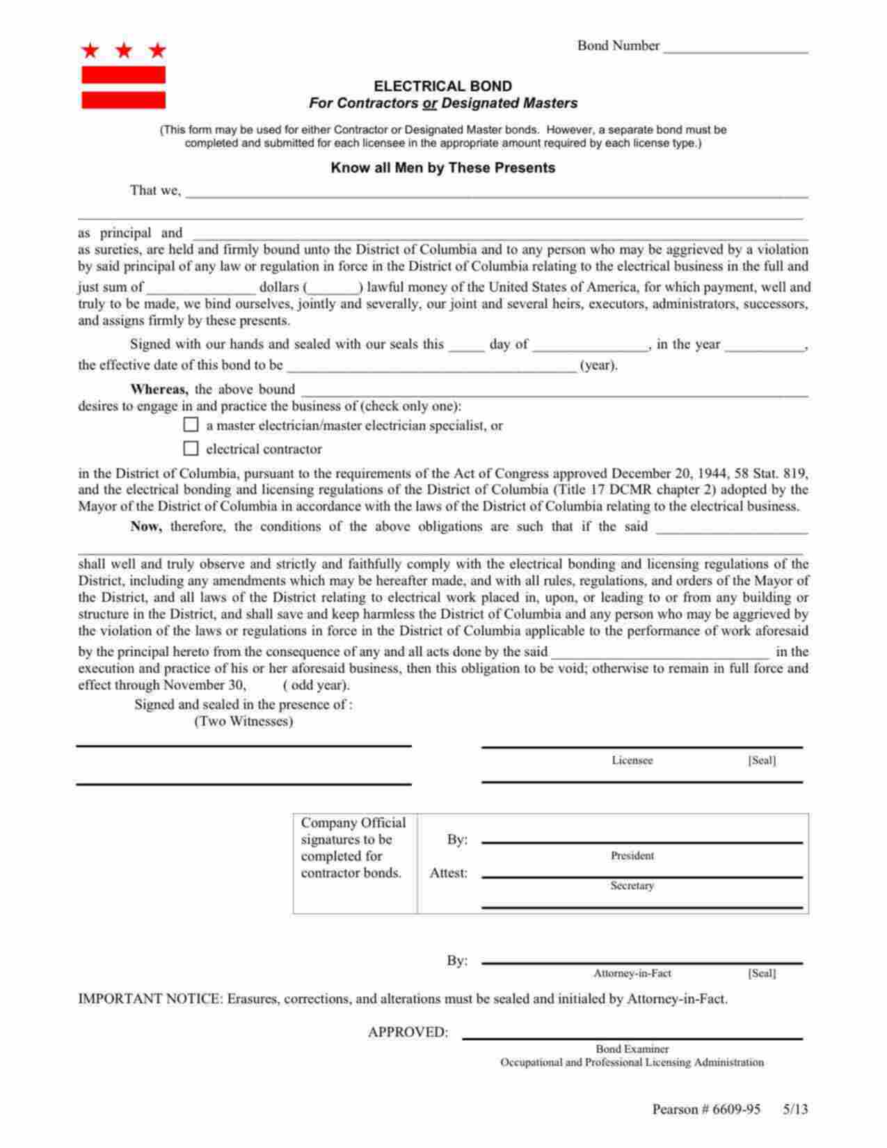 District of Columbia Electrical Contractor Bond Form