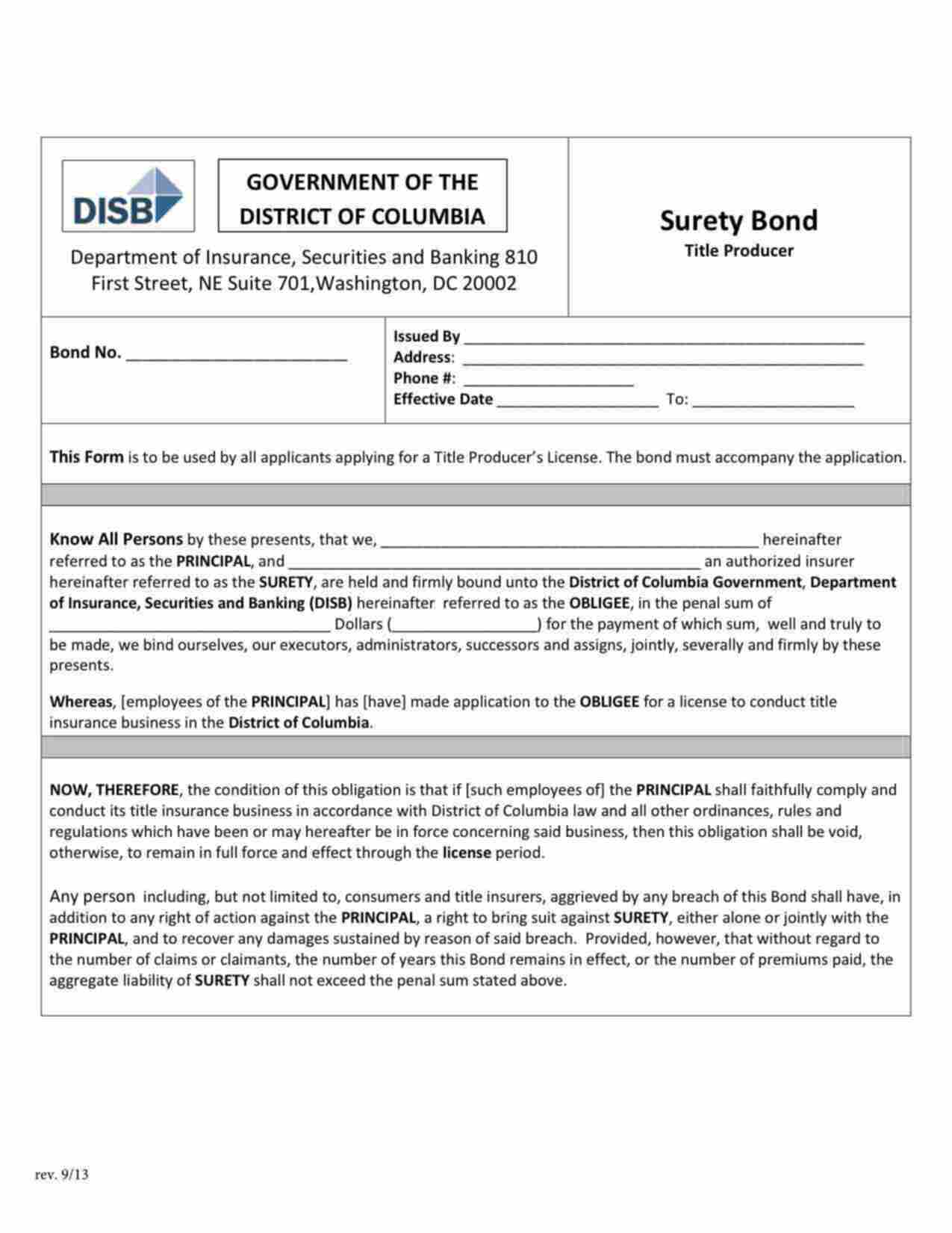 District of Columbia Title Producer Bond Form