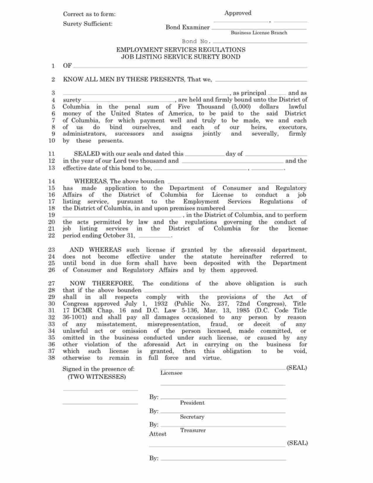 District of Columbia Job Listing Service Bond Form