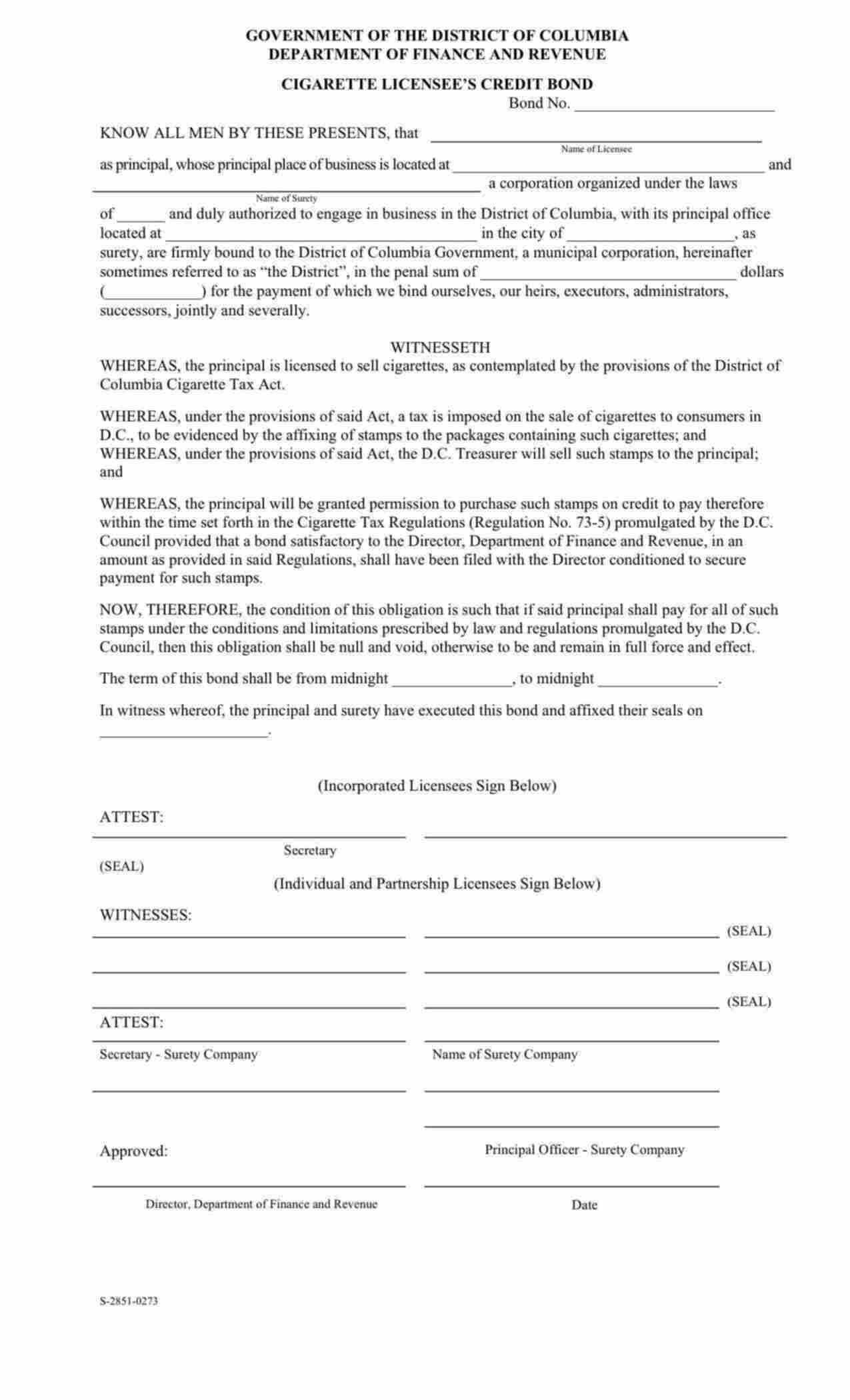 District of Columbia Cigarette Licensee Bond Form