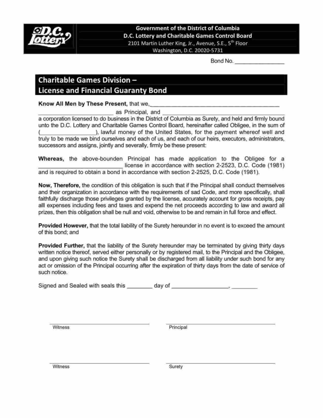 District of Columbia Lottery Retailer Bond Form