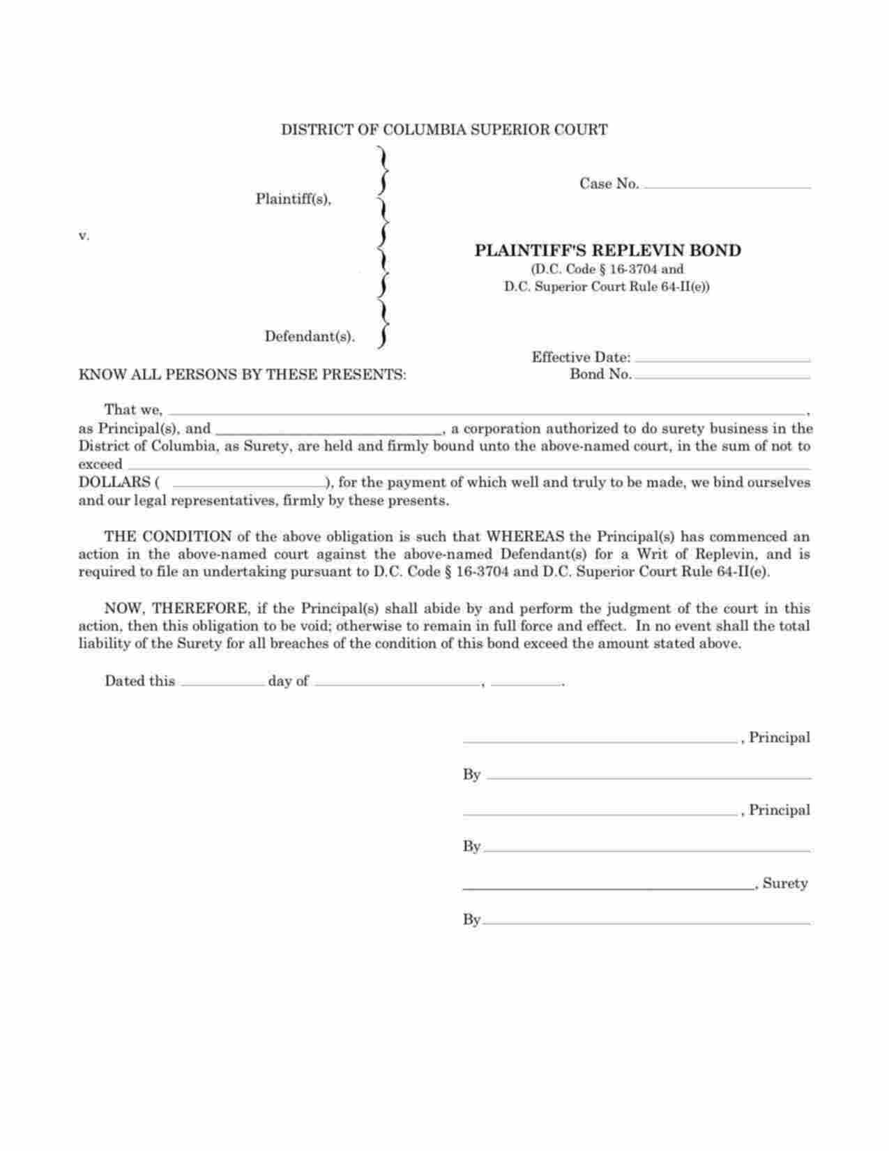 District of Columbia Plaintiffs Replevin Bond Form
