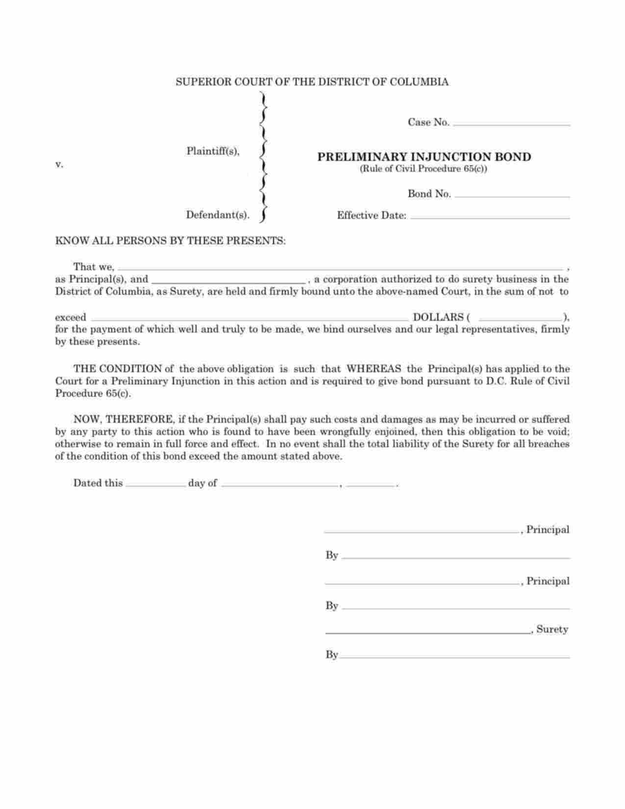 District of Columbia Preliminary Injunction Bond Form