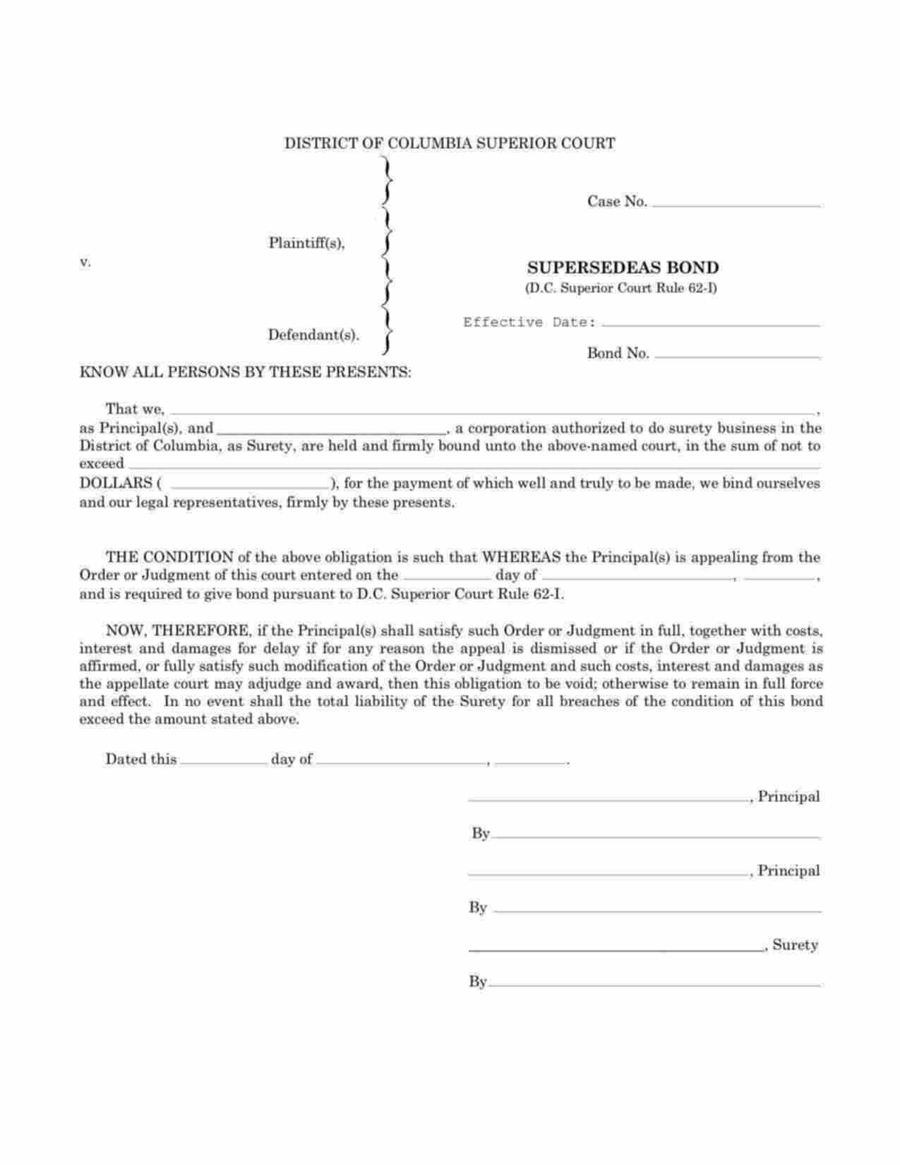 District of Columbia Supersedeas Bond Form