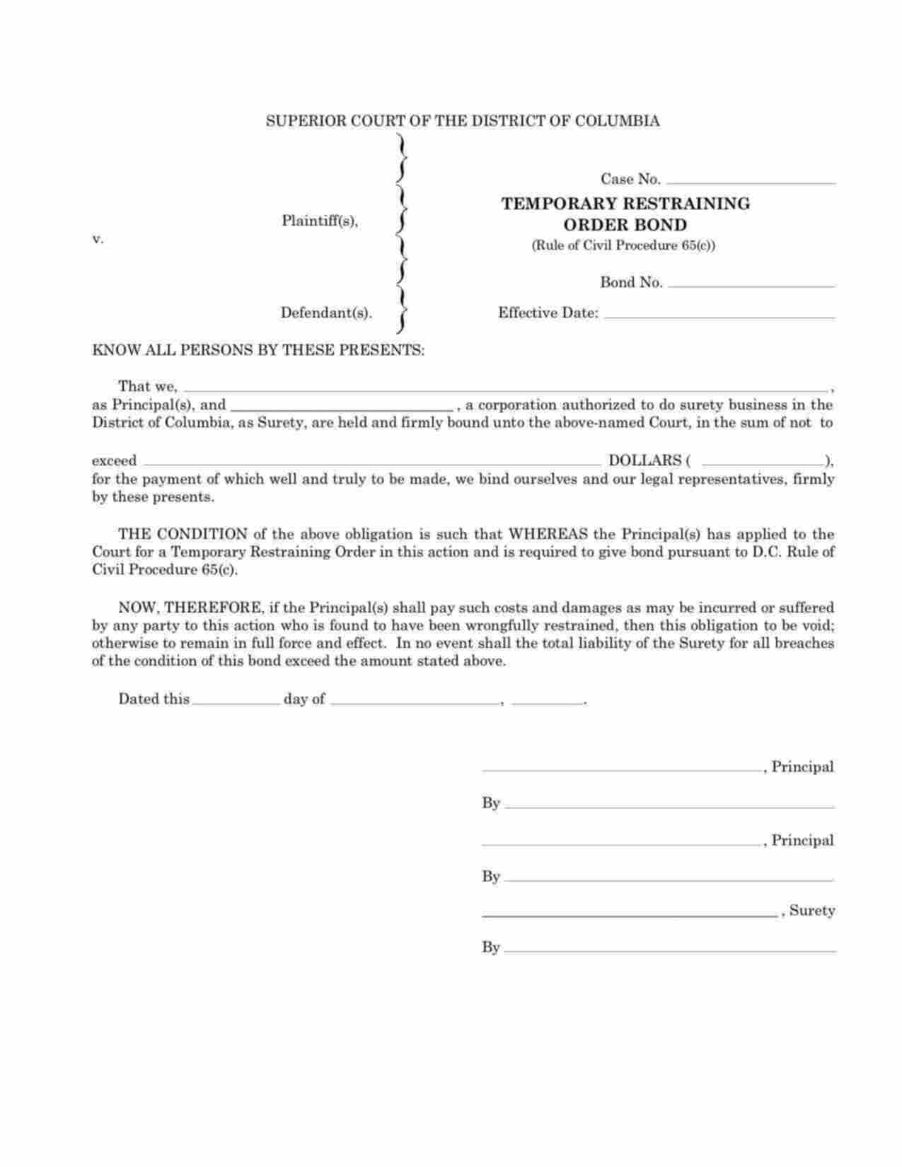 District of Columbia Temporary Restraining Order Bond Form