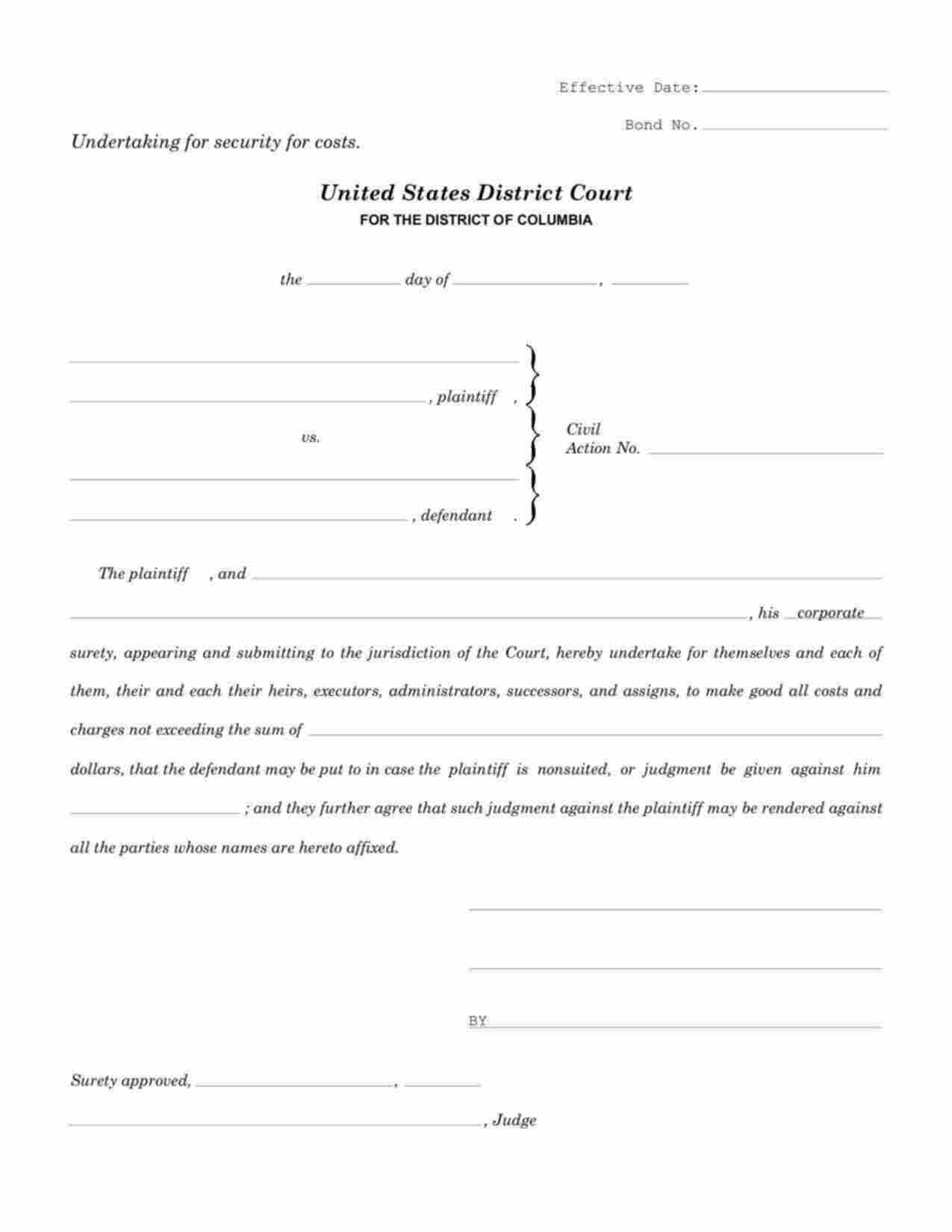 District of Columbia Undertaking for Security for Costs Bond Form