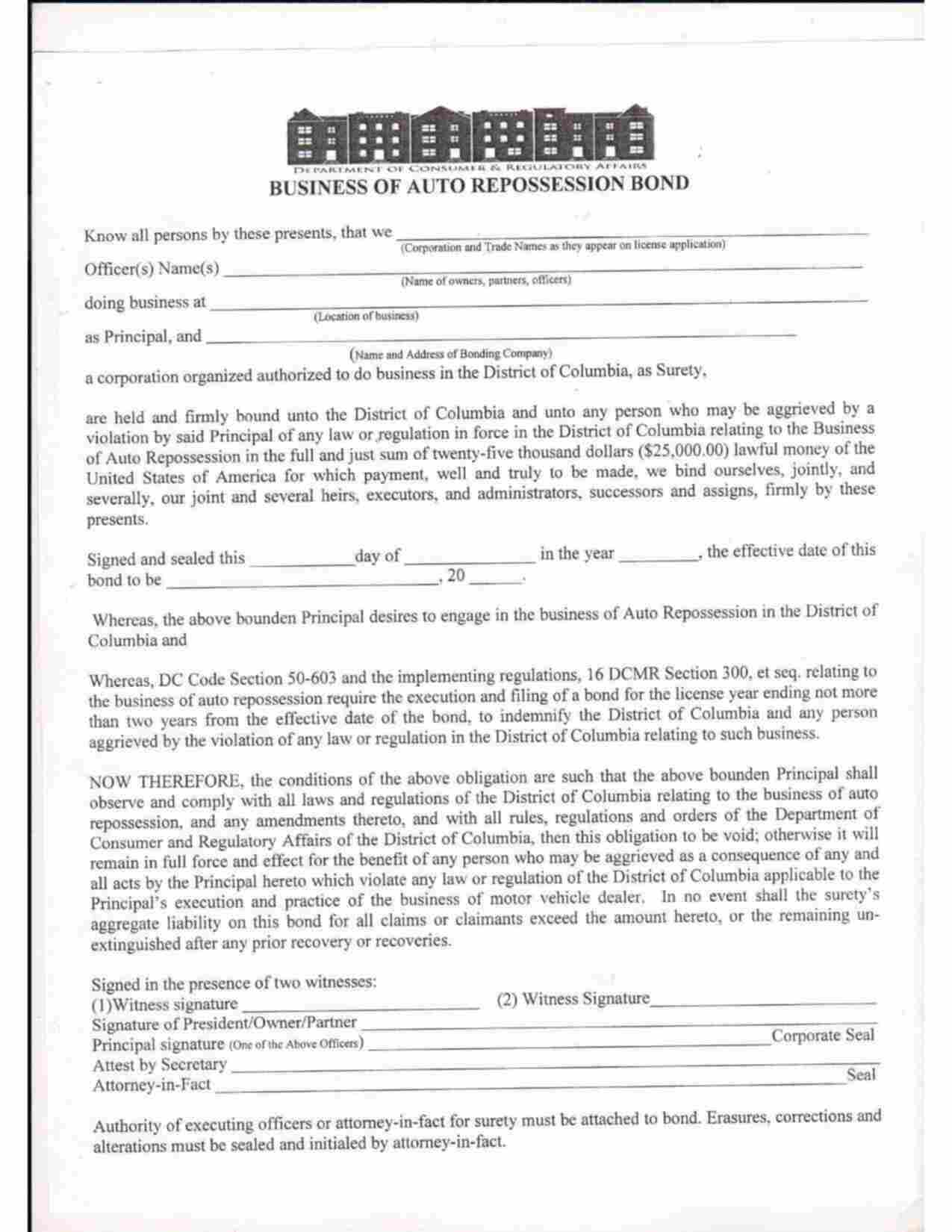 District of Columbia Automobile Repossessor Bond Form