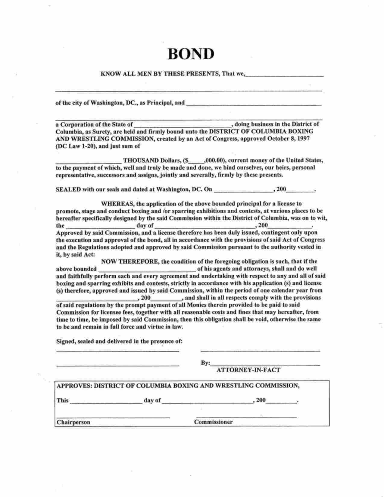 District of Columbia Boxing Promoter Bond Form