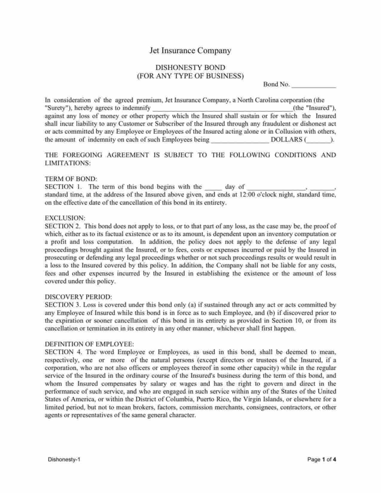 District of Columbia Janitorial Services Bond Form