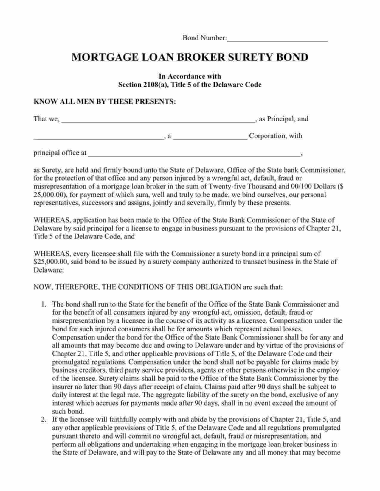 Delaware Mortgage Loan Broker Bond Form