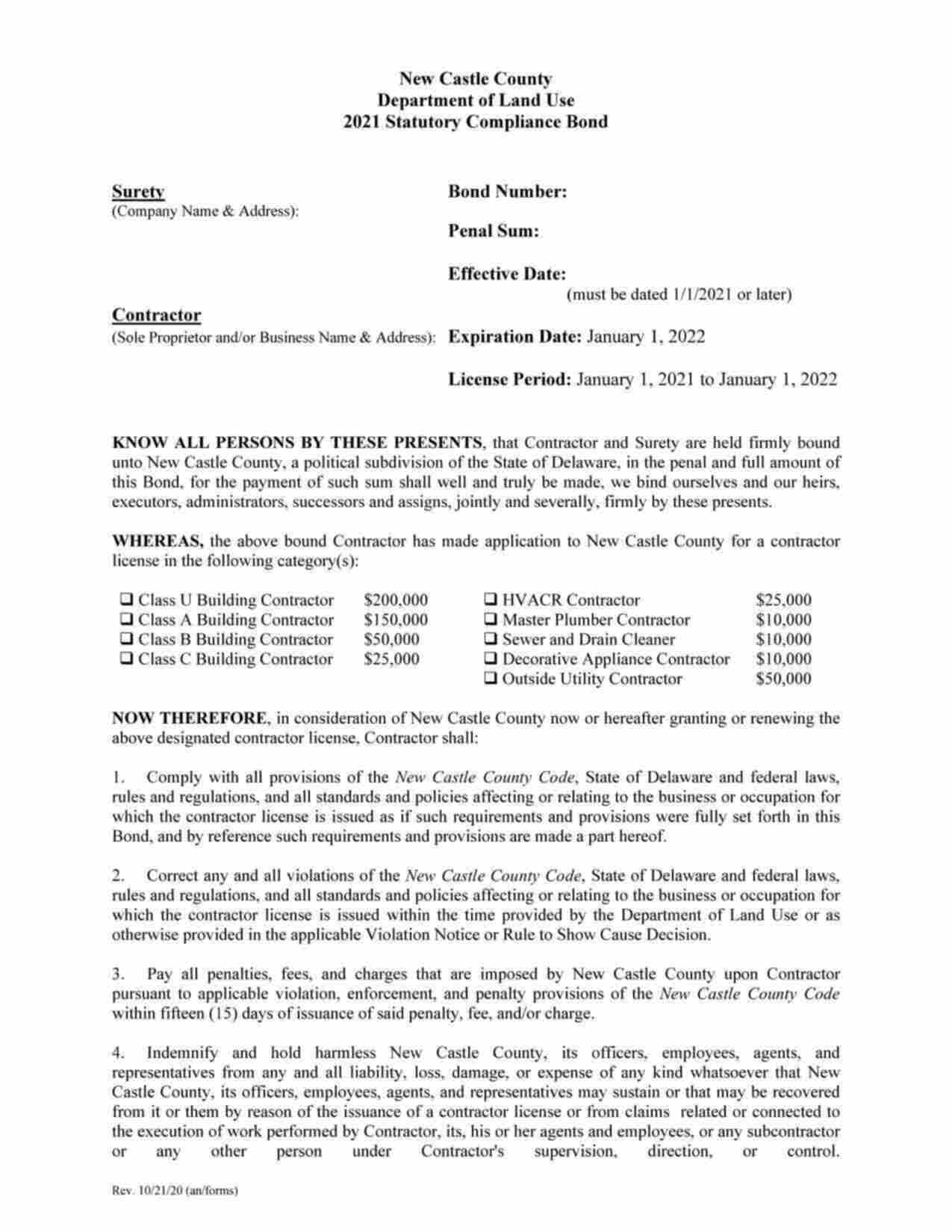 Delaware Class A Building Contractor Bond Form