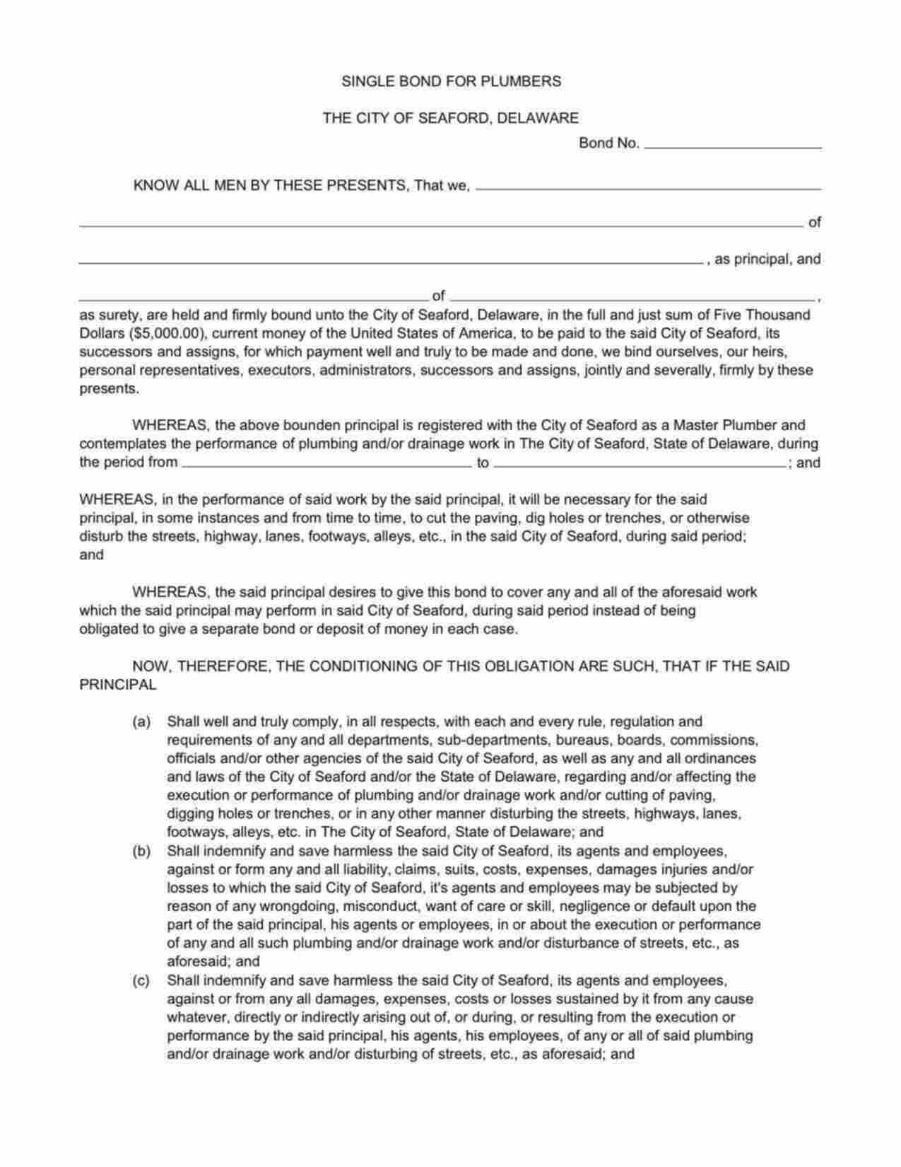 Delaware Master Plumber Bond Form