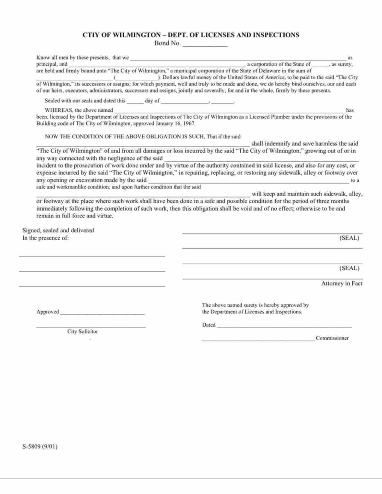 Delaware Licensed Plumber Bond Form