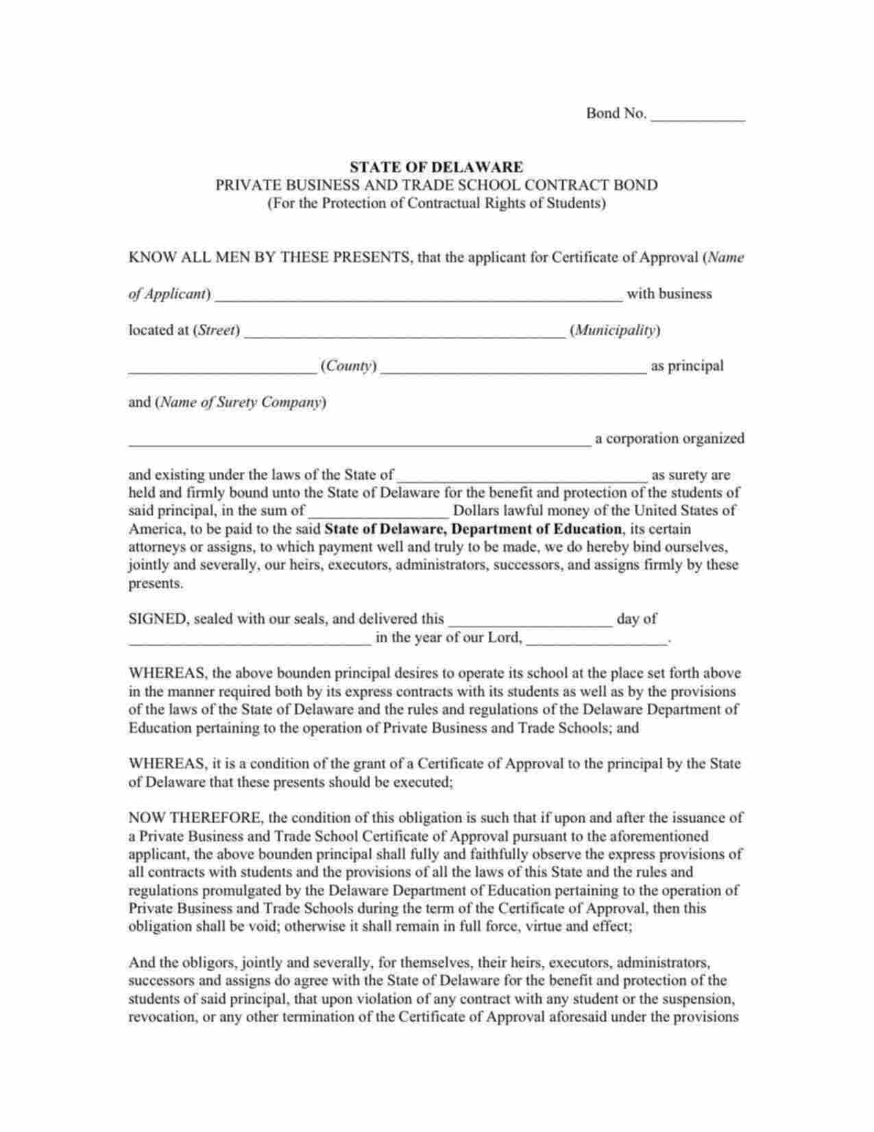 Delaware Private Business and Trade School Contract Bond Form