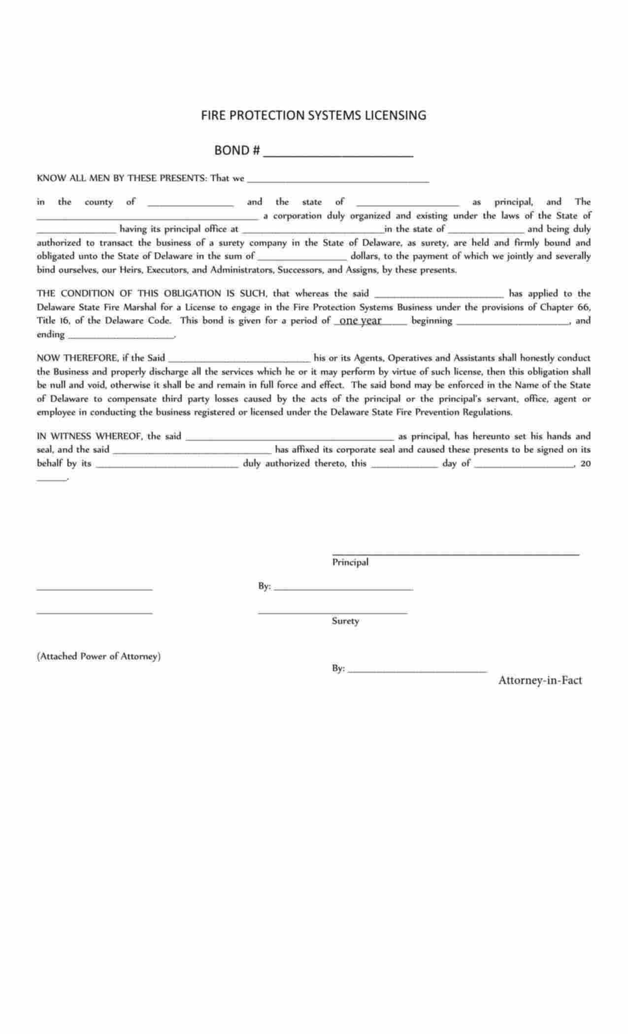 Delaware Fire Protection Systems Bond Form
